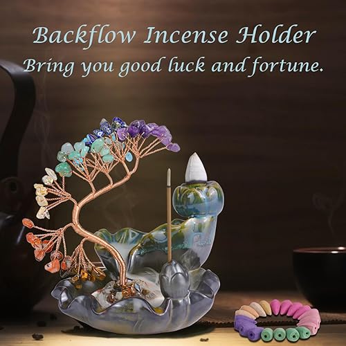 Miniatura 5 de FHDUSRYO - Quemador de incienso de cascada, 123 piezas, soporte de incienso de reflujo con árbol de cristales, soporte de incienso de 7 chakras con