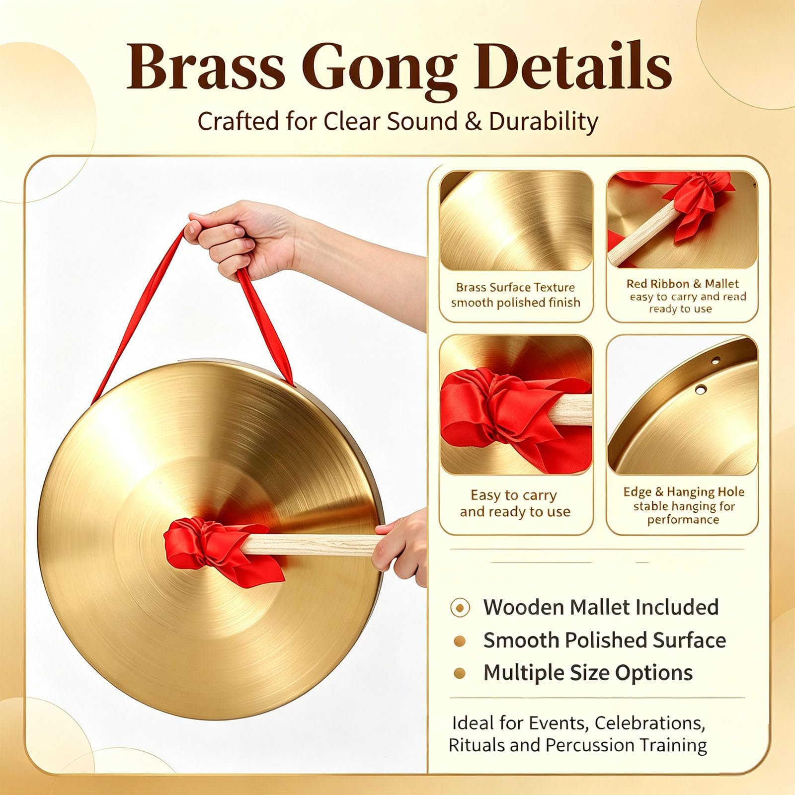 Gong à main pour cymbale - 50 cm - Avec maillet - Instrument de musique