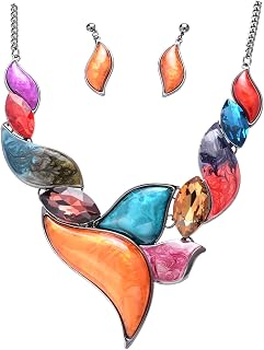 Retro Women's Crystal Floral Petal Leaf Chunky Statement Necklace and Ea...