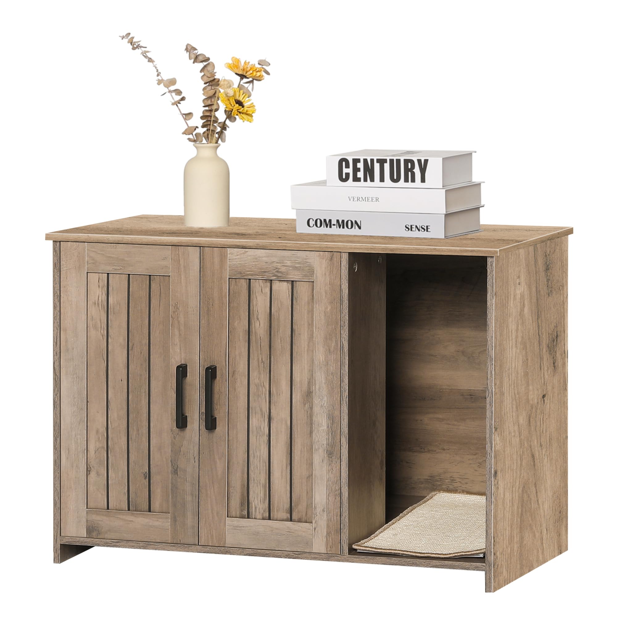 DWANTON Litter Box Enclosure, Cat Litter Box Furniture Hidden, with Scratching Mat, Wooden Cat Washroom Indoor, 31.5" L x 19.7" W x 21.7" H, Greige