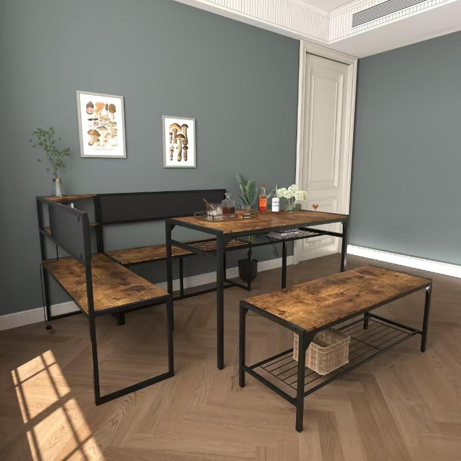 KEIKI 3-Piece Corner Dining Table Set for 4-6, Industrial Kitchen Table and Chair Sets with Storage & Bench, Farmhouse Rectangle Tables & L-shaped Seat for Living Room Breakfast Nook Restaurant, Brown