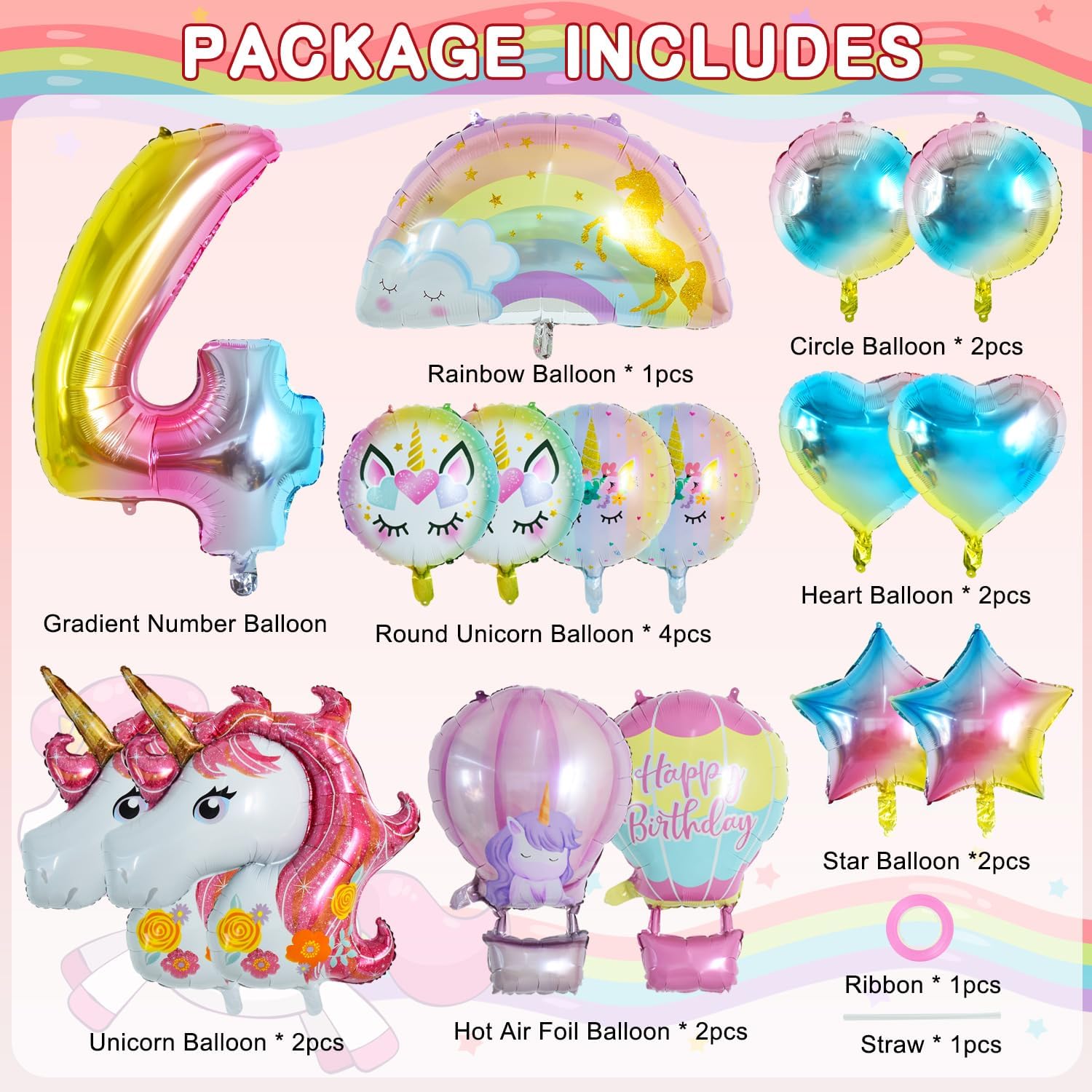 Licorne Ballon Anniversaire 4 Ans Fille – Set Aluminium Avec Cœur, Arc-en-ciel, Couronne Et Étoiles, Décoration Fête Rêvée