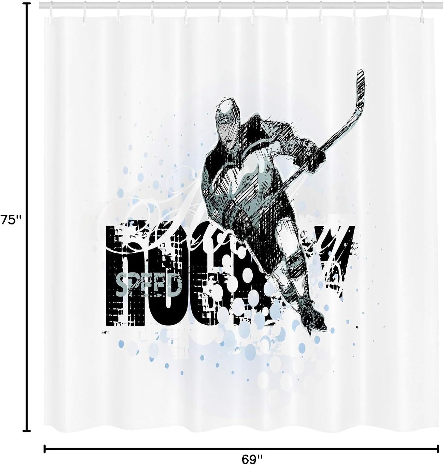 Ambesonne Hockey Shower Curtain, Grunge Sketch Art of a Professional Player Silhouette and Text Dots, Cloth Fabric Bathroom Decor Set with Hooks, 69" W x 75" L, Black White Pale Blue