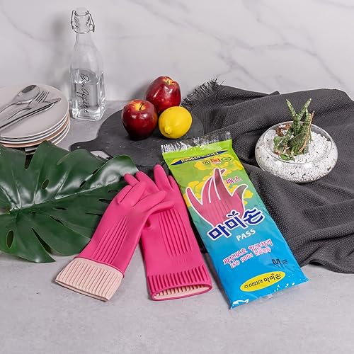 Miniatura 6 de Mamison 2 pares de guantes de goma reutilizables impermeables para lavar platos del hogar, guantes de cocina antideslizantes para cocinar, limpiar,