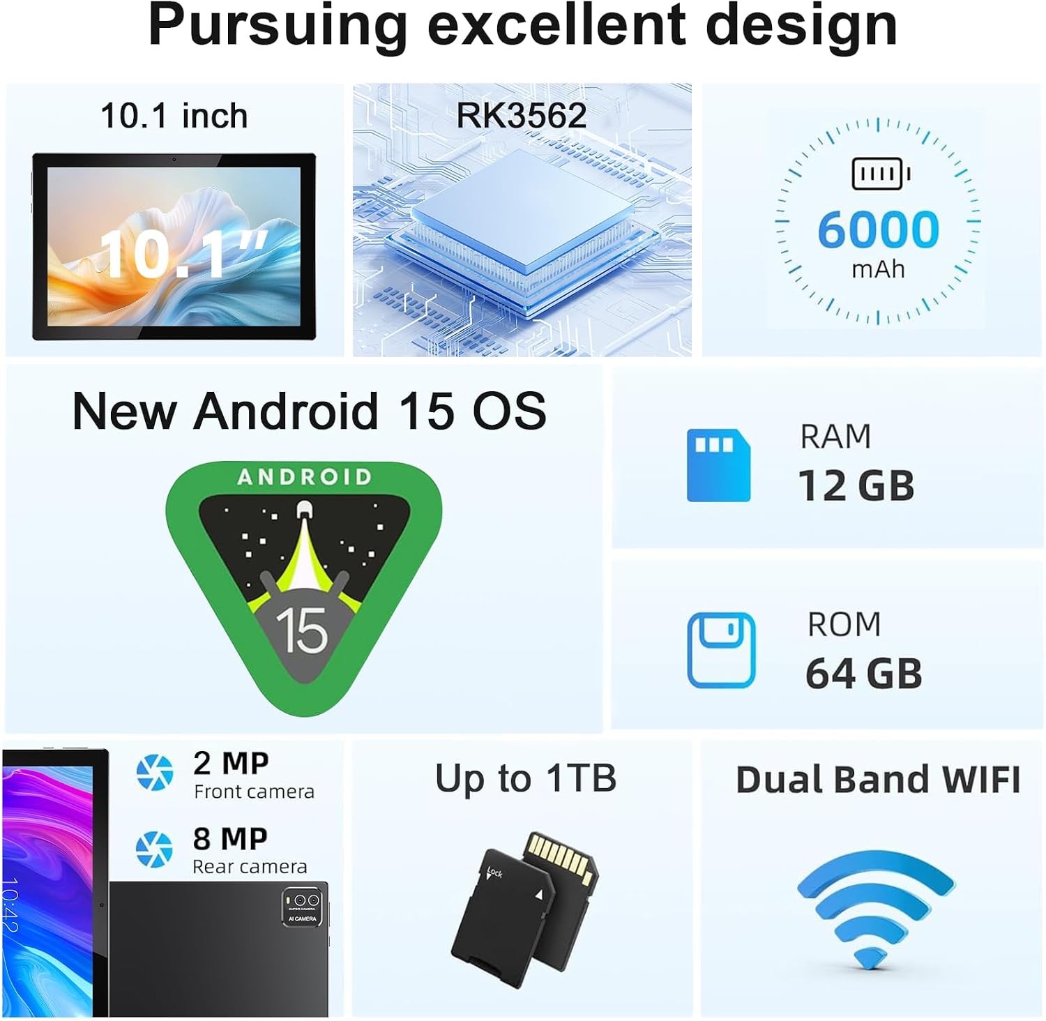 10 Inch Tablet Android 15 Tablets with Keyboard 64GB ROM+12GB RAM(4+8 expansion) Supports 1TB Expansion 2MP+8MP Dual Camera 6000mAh 5G WiFi-6 Tableta, 2 IN 1 Tablets with Mouse/Case/Stylus/ Keyboard