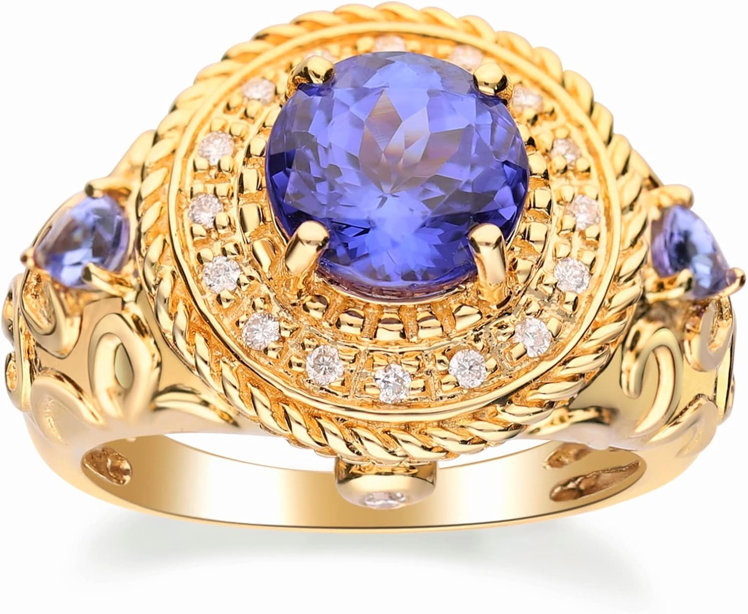 Gin & Grace 14K Yellow Gold Genuine Tanzanite Ring with Diamonds for women | Ethically, authentically & organically sourced (Round-cut) shaped Tanzanite hand-crafted jewelry for her | Tanzanite Ring for women