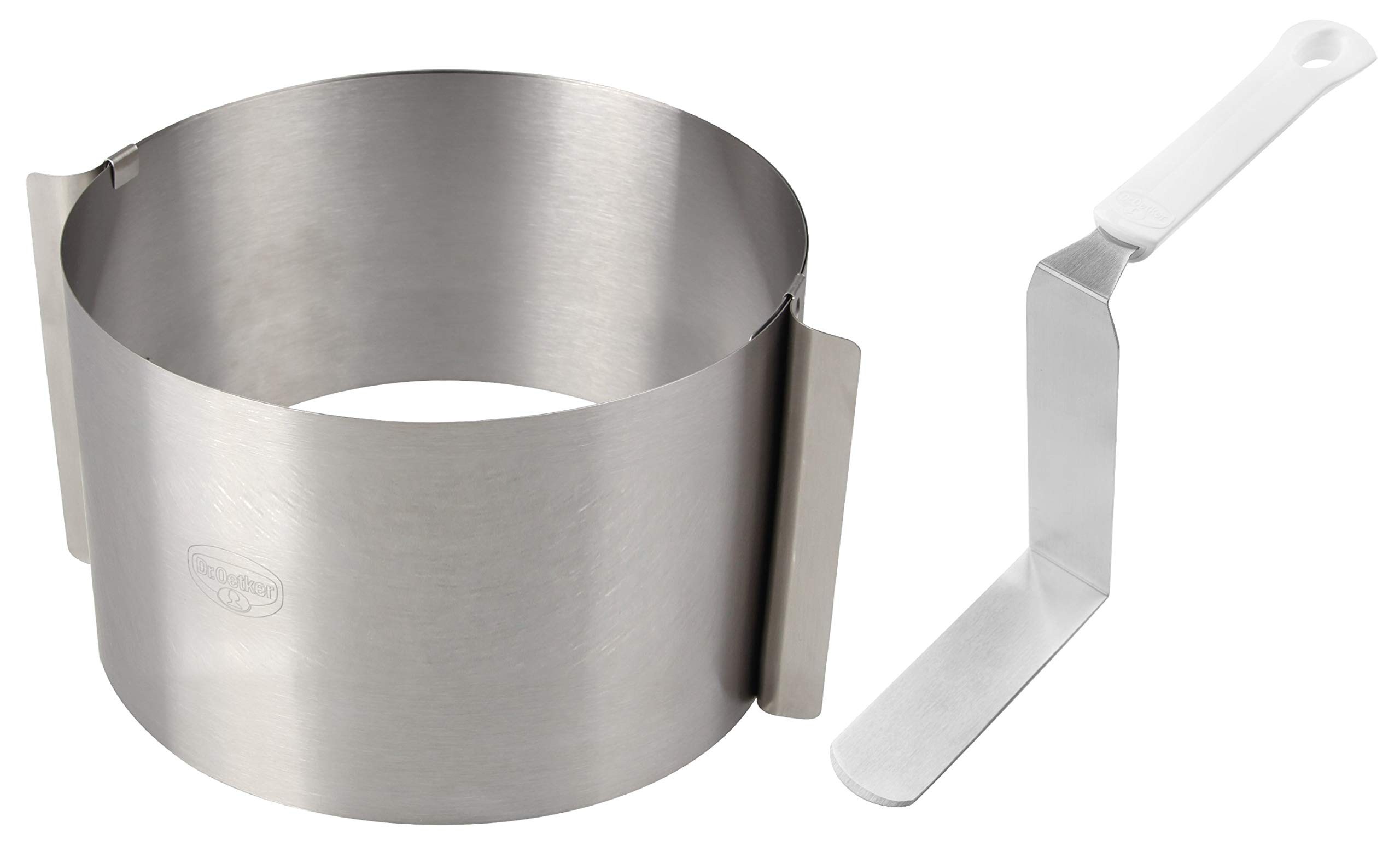 Dr. Oetker Tortenring und Winkelpalette, extra hoher Verstellbarer Küchenhelfer von 16-30cm, hohes Streichmesser zum Dekorieren und Verzieren von Torten (Farbe: Silber/Weiß) Menge: 1 x 2er Set