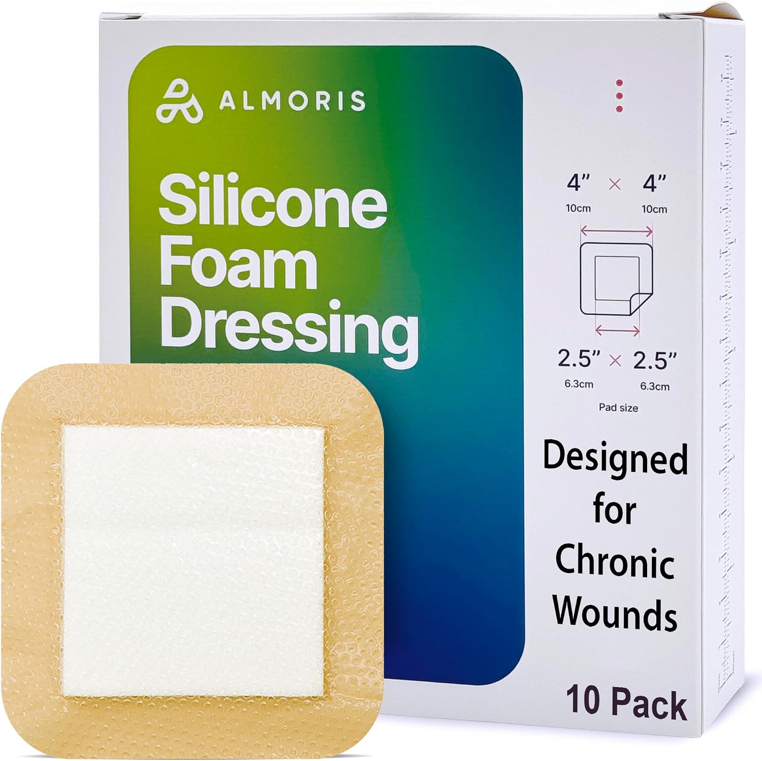 4"x4" Silicone Foam Dressing with Border - High Absorbency Adhesive Silicone Bandages, Waterproof Wound Dressing Pads for Wound Care, Bed Sore Protectors for Pressure Ulcers & More, 10-Pack