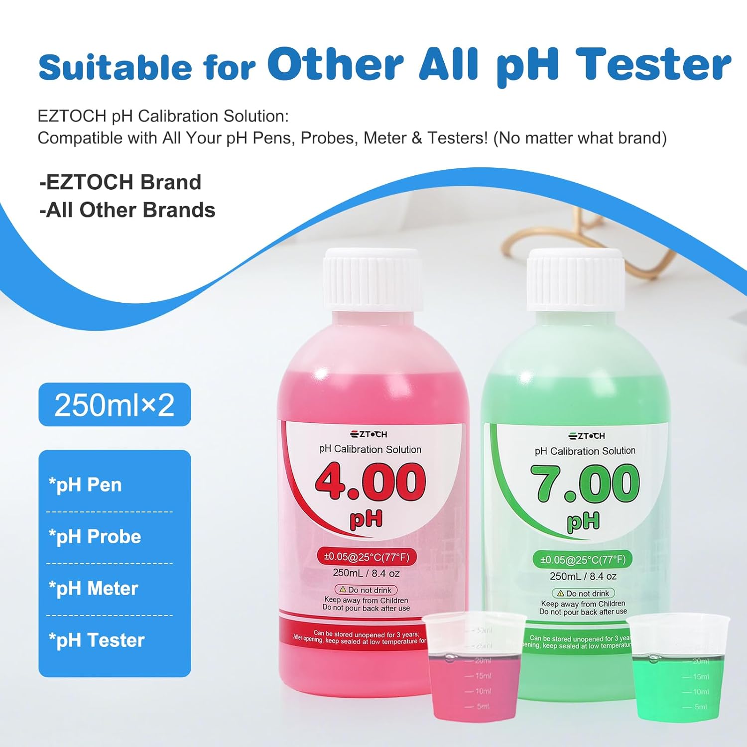 6 in 1 pH H2 EC ORP Tester and 8.4oz pH4+7 Calibration Solution, pH TDS EC ORP Drinking Water and Hydroponic Meter with 8.4oz pH 4.00 Calibration Solution and 8.4oz pH 7.00 Calibration Solution