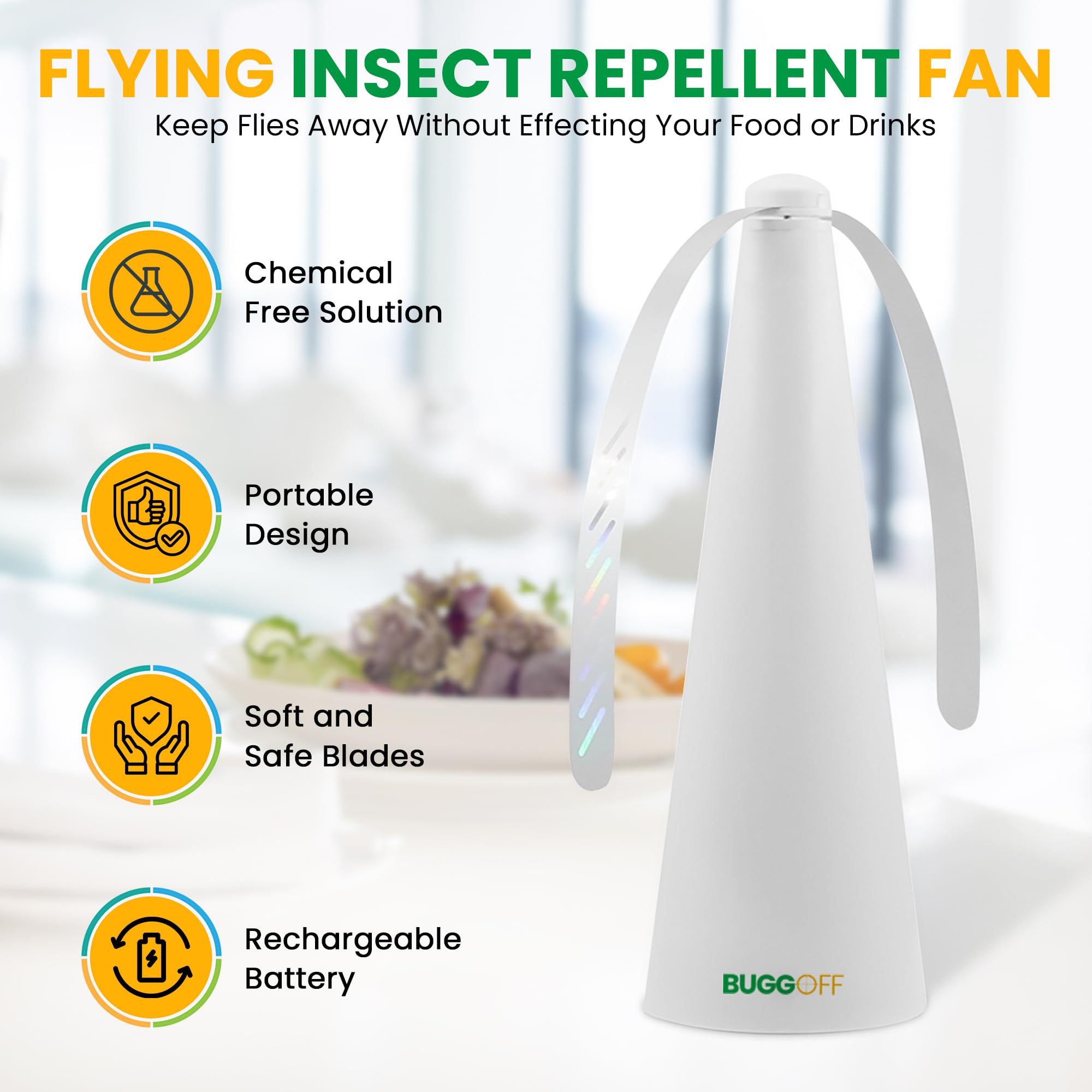 BUGGOFF - Ventilador repelente de insectos voladores y moscas negras con cuchillas dobles, mesa y colgante, funciona con pilas USB C, cable incluido. Cuchillas seguras con parada automática, paquete
