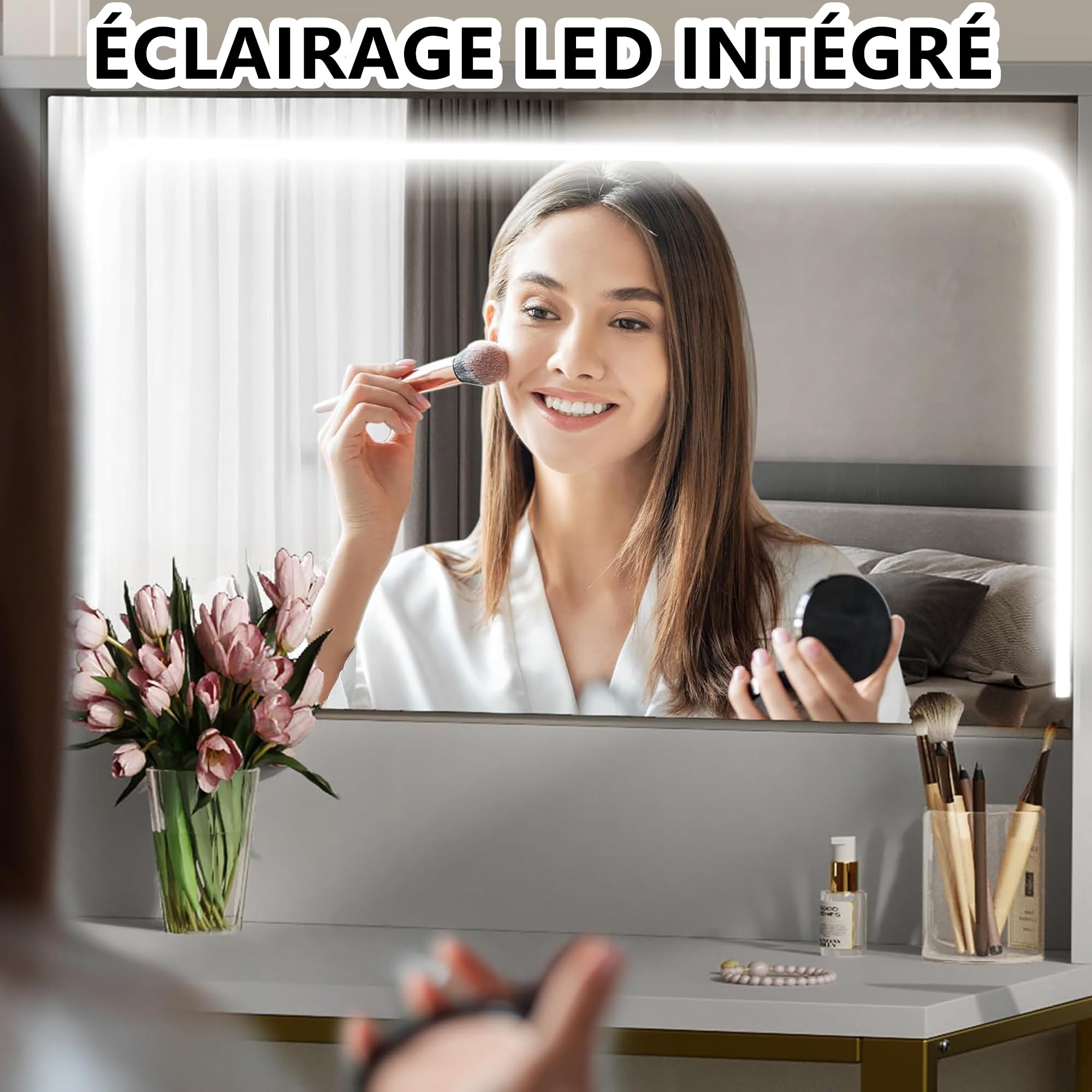 DahuenToaletka z lustrem LED, 5 szufladami i 5 półkami, narożna w kształcie litery L, stolik do makijażu, biały, 120 x 135 x 80 cm