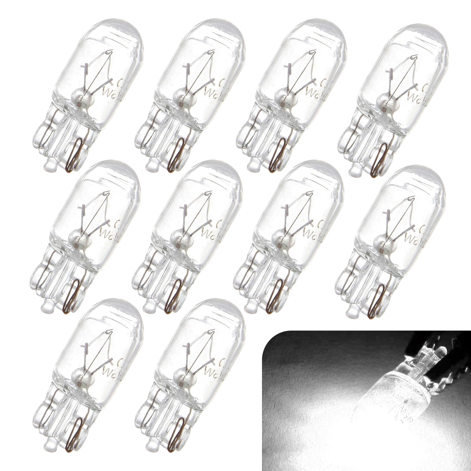 Tesnaao Pack-10 T10 Car Brake Lights, T10 168 192 12V 5WDouble-wire Vehicle Turn Signal Tail Light Replacements, Universal Waterproof Automotive Lighting Accessories for Truck SUV Car (White Light)