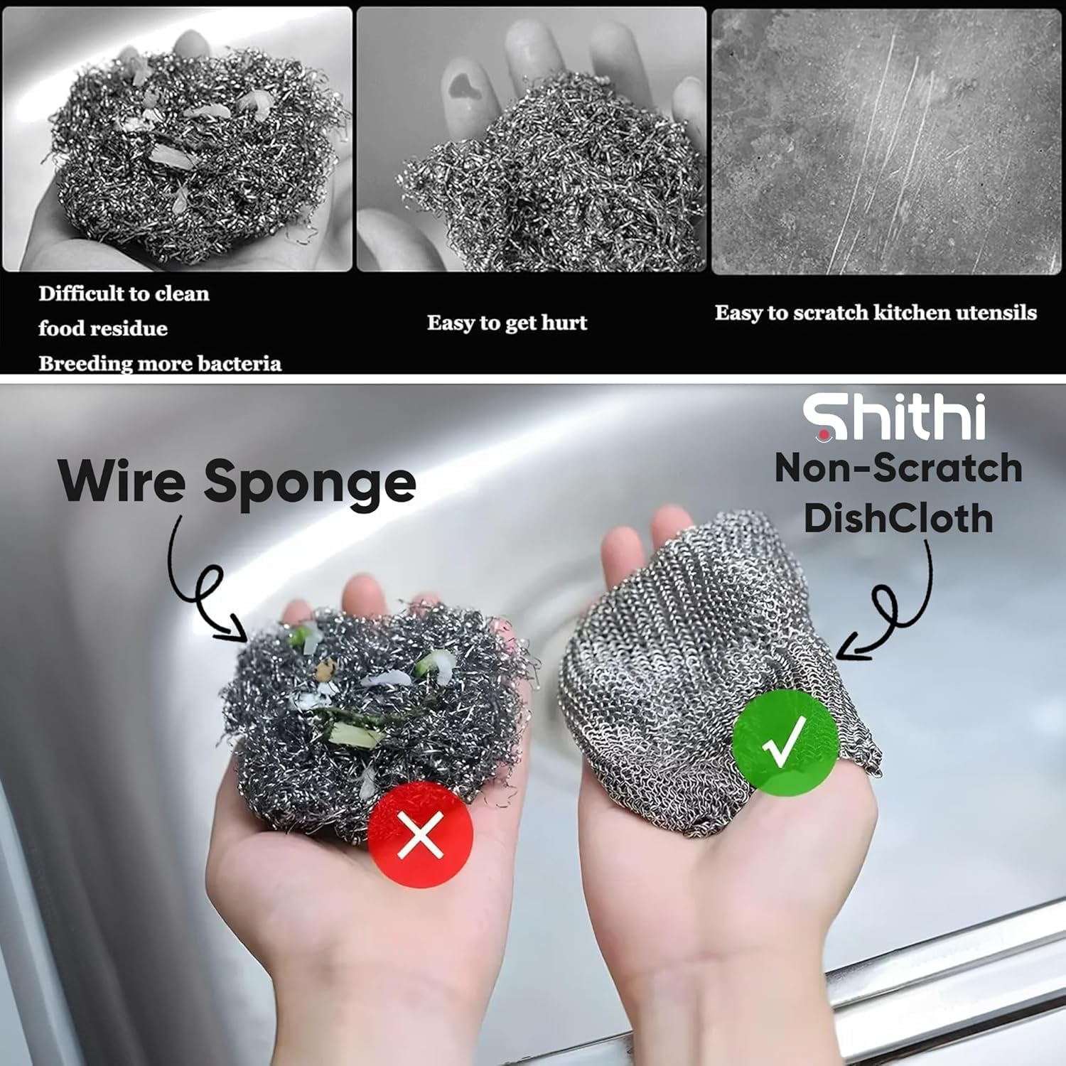 SHITHI 13-Piece Cleaning Combo – 10 Reusable Stainless Steel Wire Dishcloths + 3 Tile & Gap Cleaning Brushes | Multipurpose Scrubber Set for Kitchen, Bathroom & Home Use 1