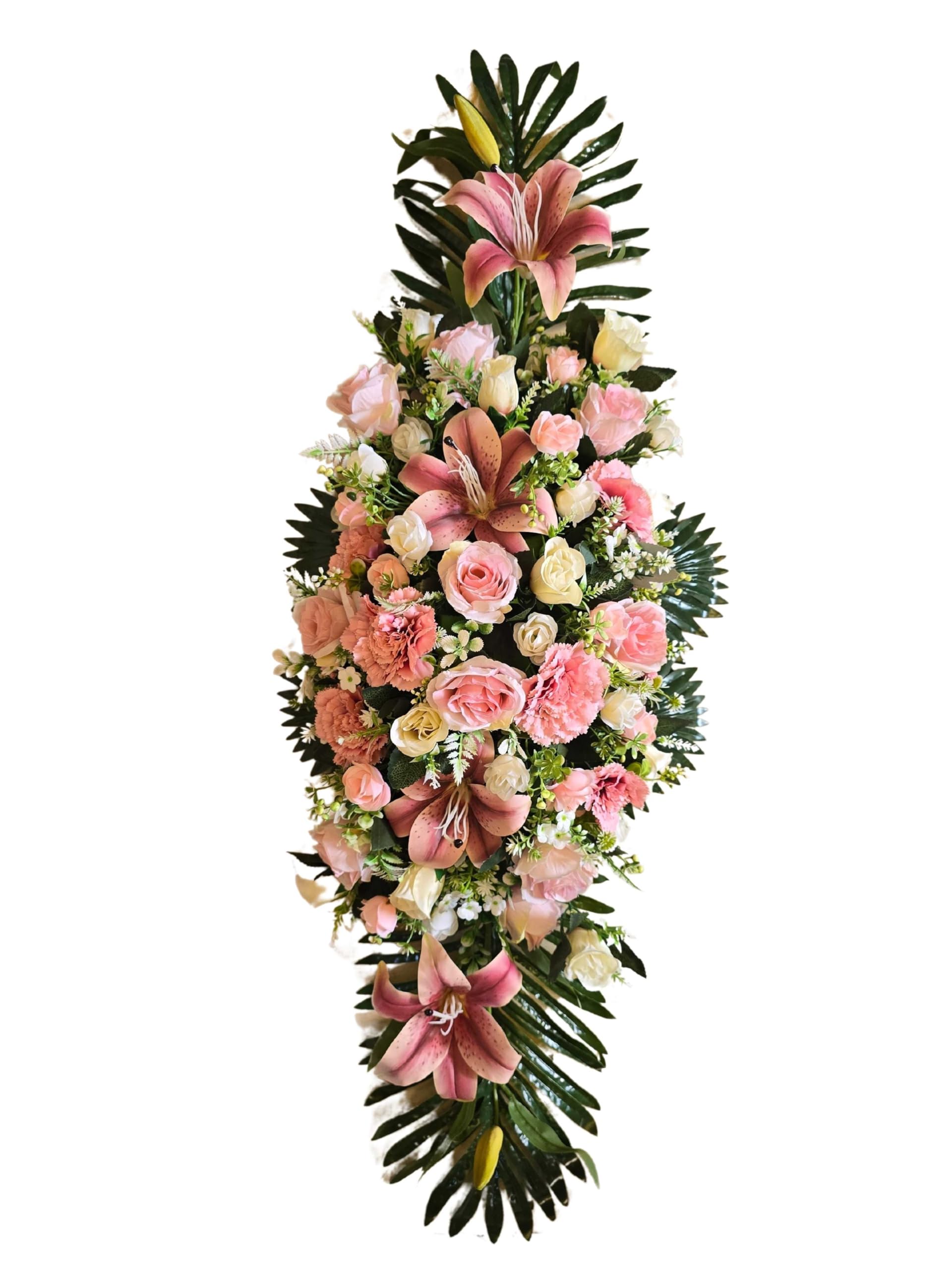 DRW Centro de Flores Artificiales cojin Cementerio procesiones, Iglesias Bodas o sepulturas Tonos Rosas Estilo Barco con liliums 115x43x27
