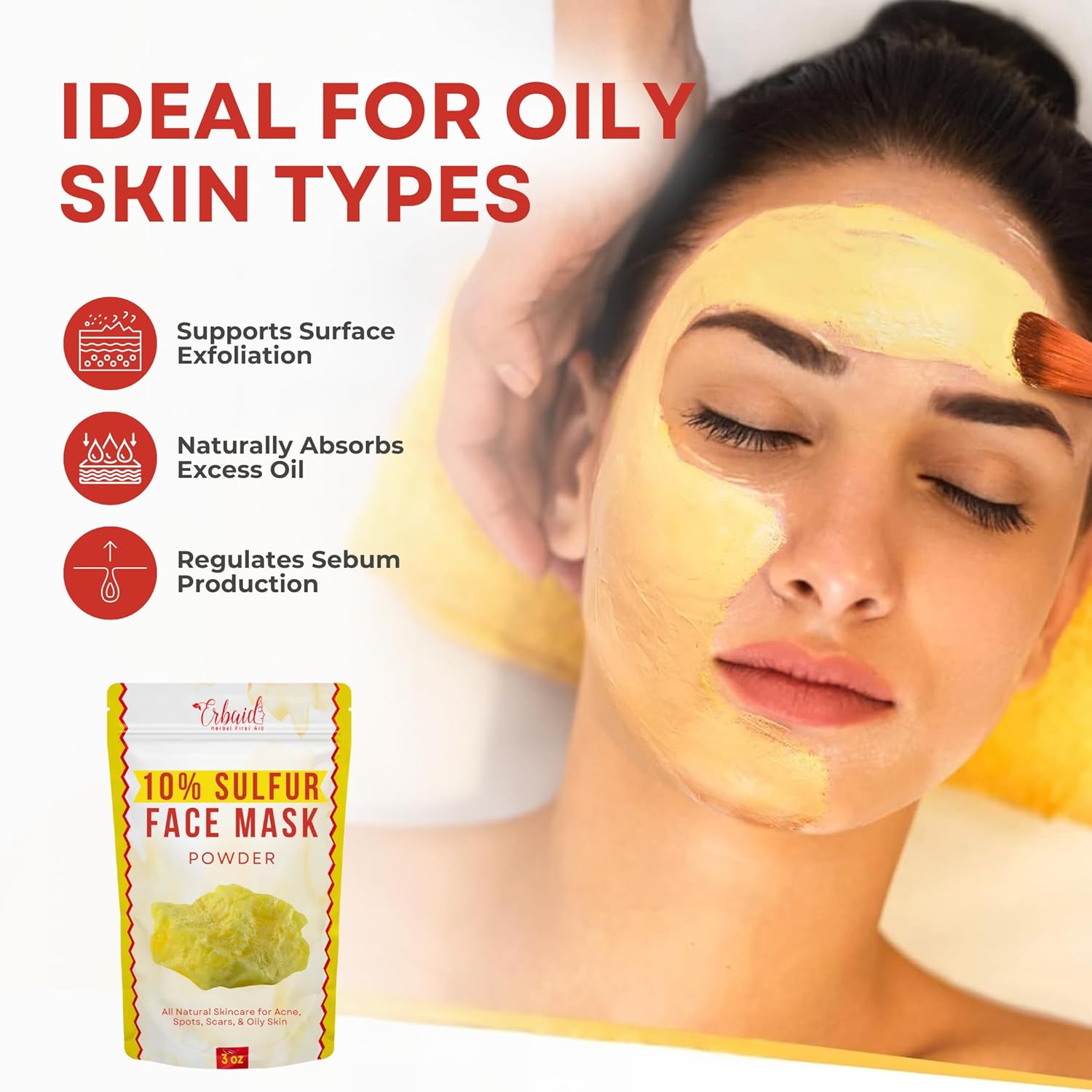 Sulfur Face Mask – All Natural Brightening Facial Clay Mask Powder – Glowing Skincare For Acne, Spots, Scars, Oily Skin – Acne Treatment Absorbs Excess Oil and Unclogs Pores, Made in USA