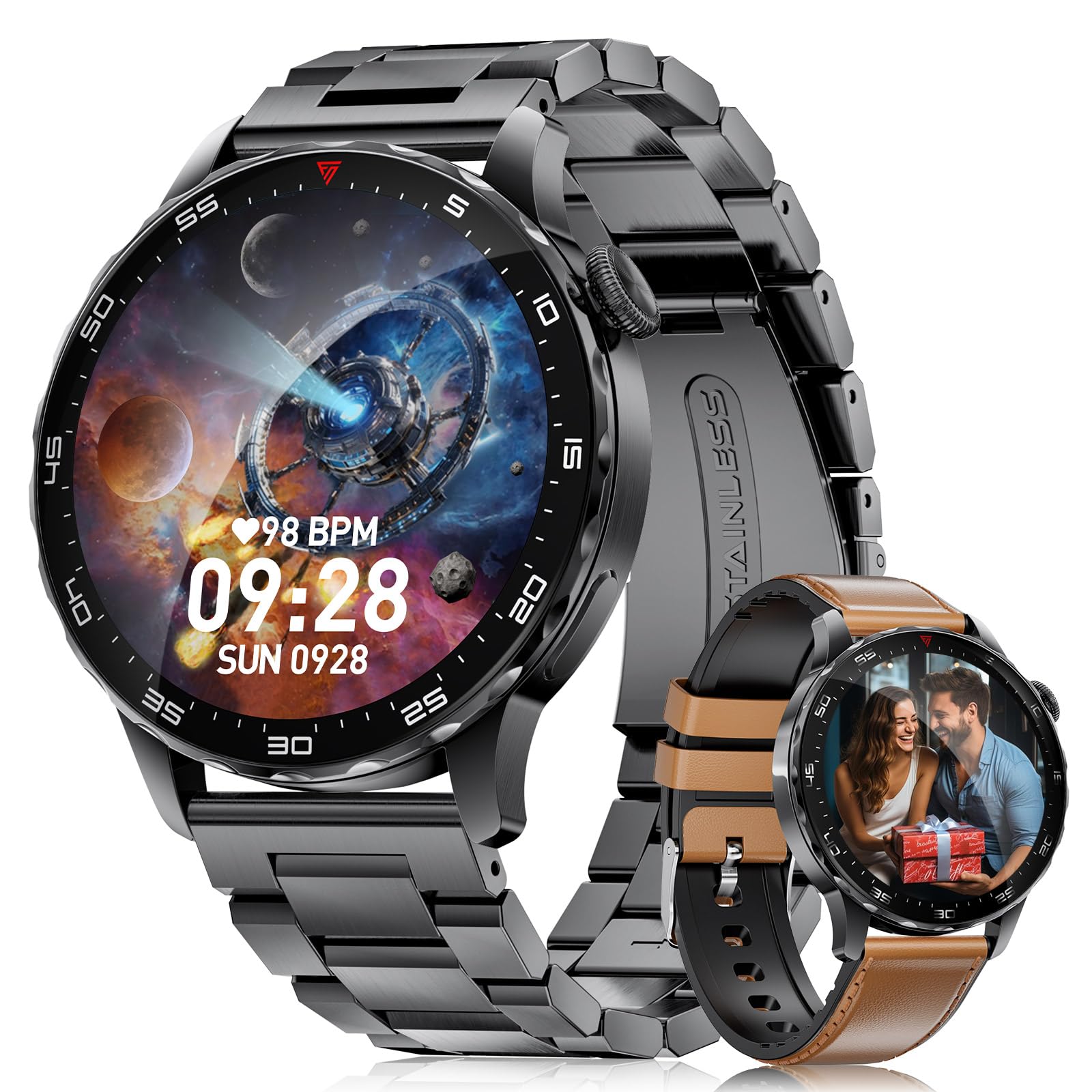 FITFLEX Smartwatch Herren, 750mAh, 1.43“ AMOLED, für Android iOS, Braun | 2-in-1 Ladeset, mit SpO2 /Herzfrequenz/Schlafüberwachung, Bluetooth-Anruffunktion, 120+ Sportmodi, IP68 Wasserdicht