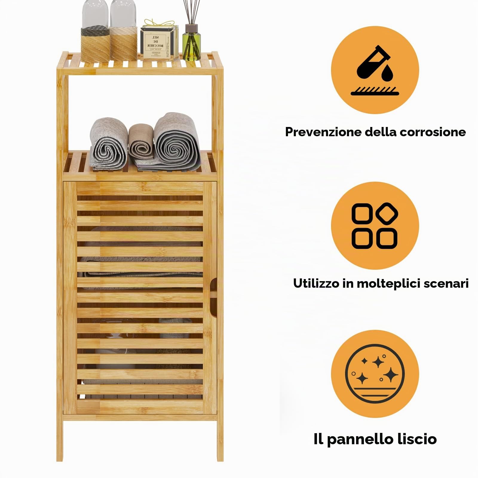 DlandHome Piccolo armadio in bambù con ante e mensole, armadio laterale a pavimento, ad angolo, per bagno, per la casa