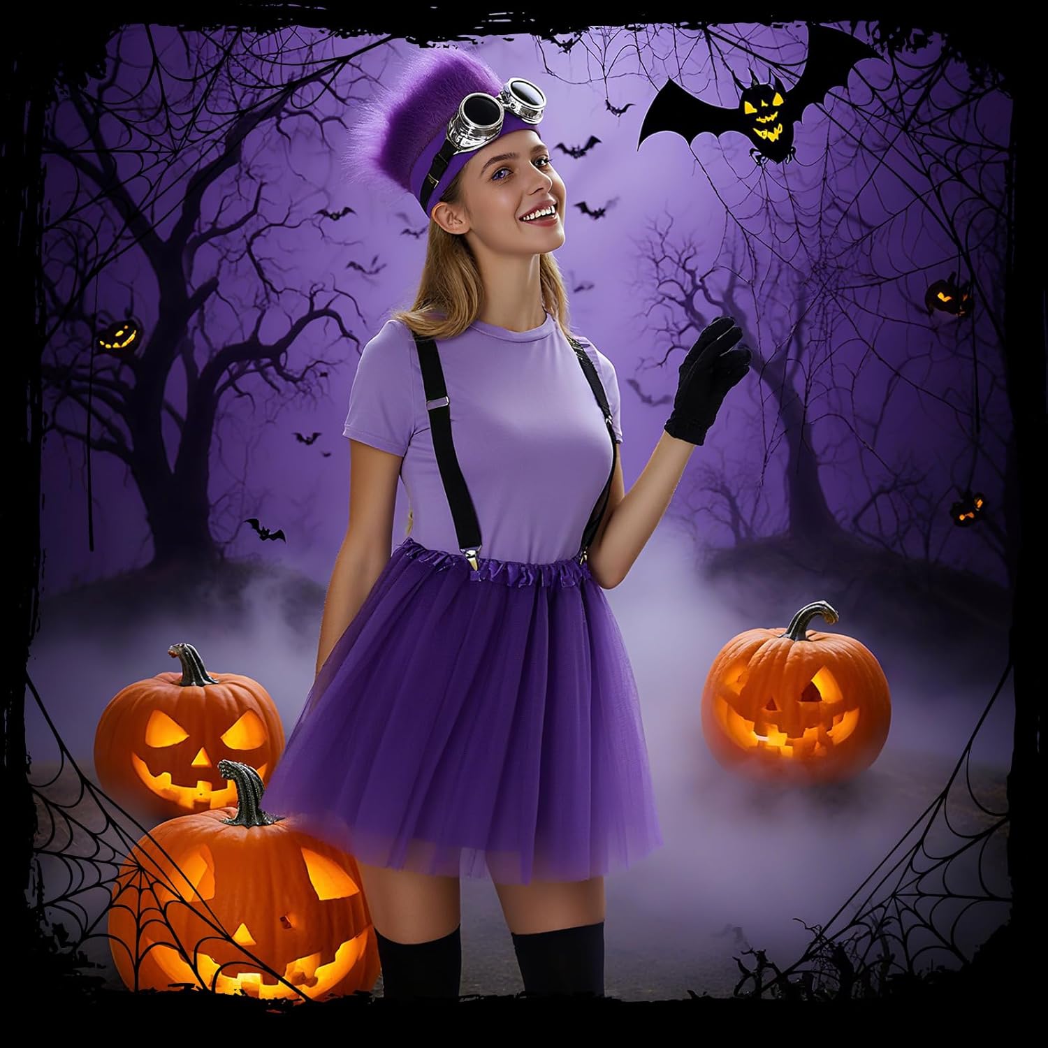 6 Pcs Purple Halloween Costume Accessories Women Adult Cosplay Party Set with Wig Headband Goggles Glasses Tutu - Image 7