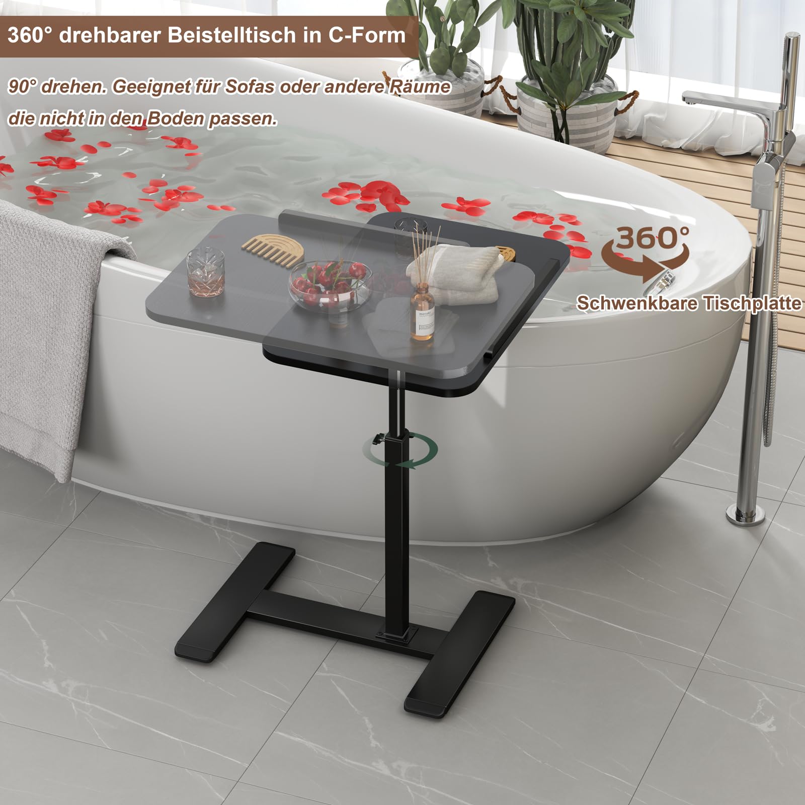 Mesa auxiliar en forma de C, altura ajustable, giratoria 360°, para ordenador portátil, mesa auxiliar, mesa de centro móvil, de madera, pequeña (negro)