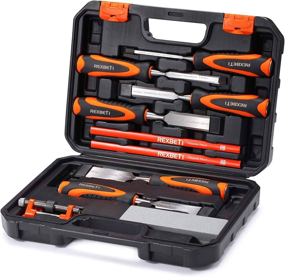 10pcs Wood Chisel Set, Heat-Treated Cr-V Alloy Blades Chisel Set | 6Pcs Wood Chisel with 1 Honing Guide, 1 Sharpening Stone and 2 Carpenter Pencils, Strong Grip Handle, Deluxe Tool Box