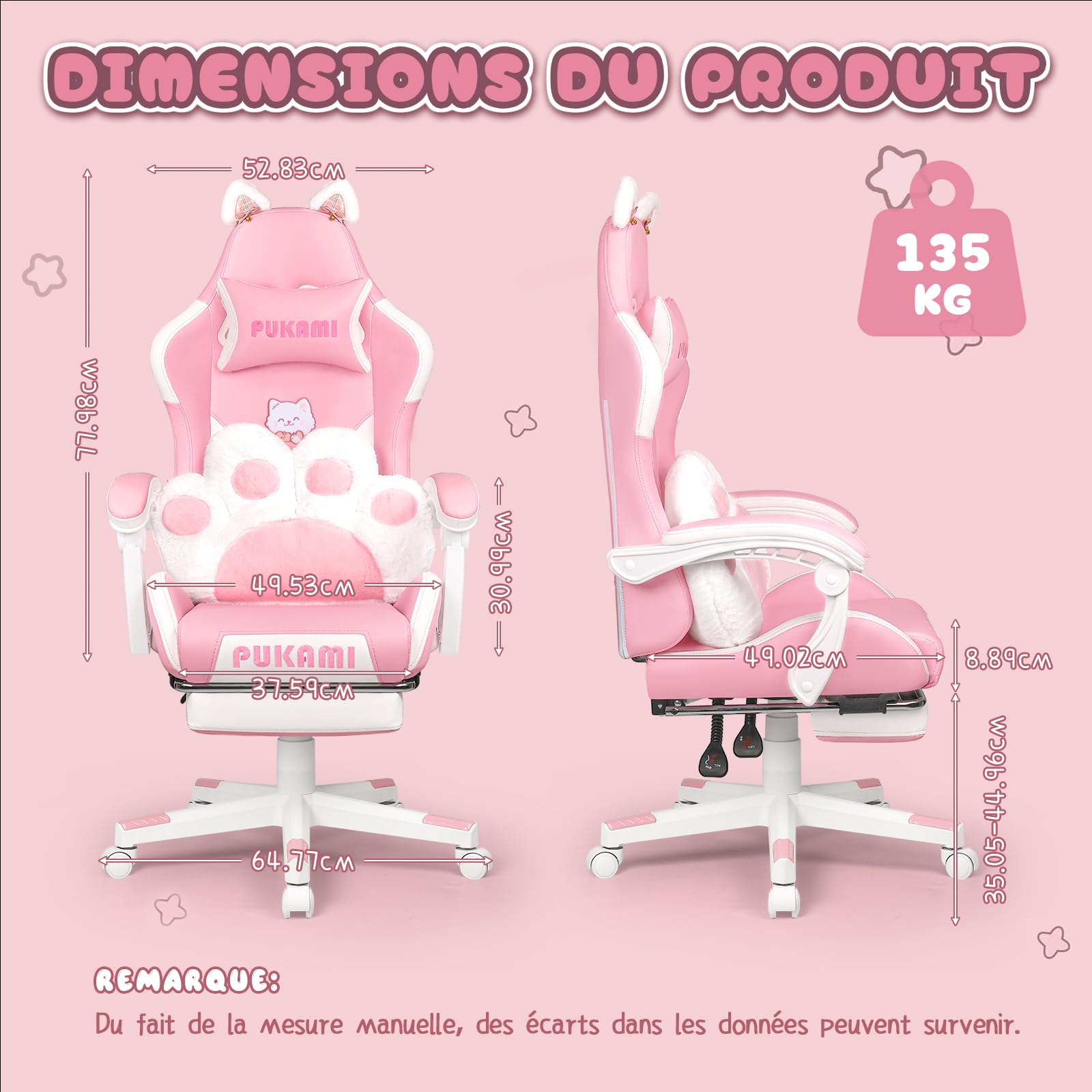 Waleaf Chaise Gaming Rose Ergonomique, Fauteuil de Gamer avec Repose-Pieds, Appui-tête, Soutien Lombaire, PU Cuir Chaise Bureau Réglable en Hauteur, Fauteuil Gaming pour Adultes Enfants, Rose