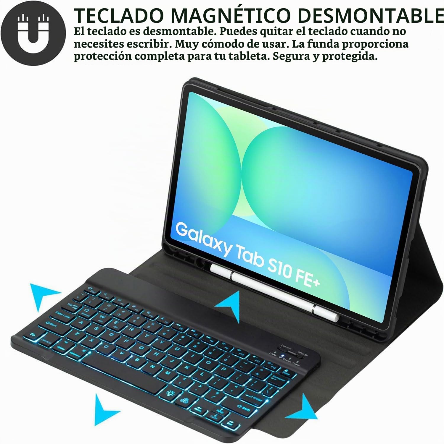 Funda con Teclado para Samsung Galaxy Tab S10 Fe+ Plus 13,1" 2025 Modelo (SM-X620/X626), Teclado Español Ñ Extraíble con Retroiluminación 7 Colores, Soporte para S Pen Y Ratón,Negro