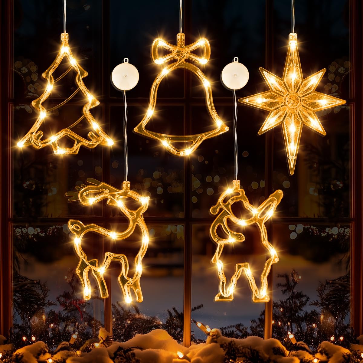5Pcs Christmas Window Lights, Battery Powered Twinkle Lights Christmas Decorations Indoor Outdoor for Wall Door Porch Balcony Glass Decor with Suction Cup & Timer Tree & star & jingle bell & elk & Santa