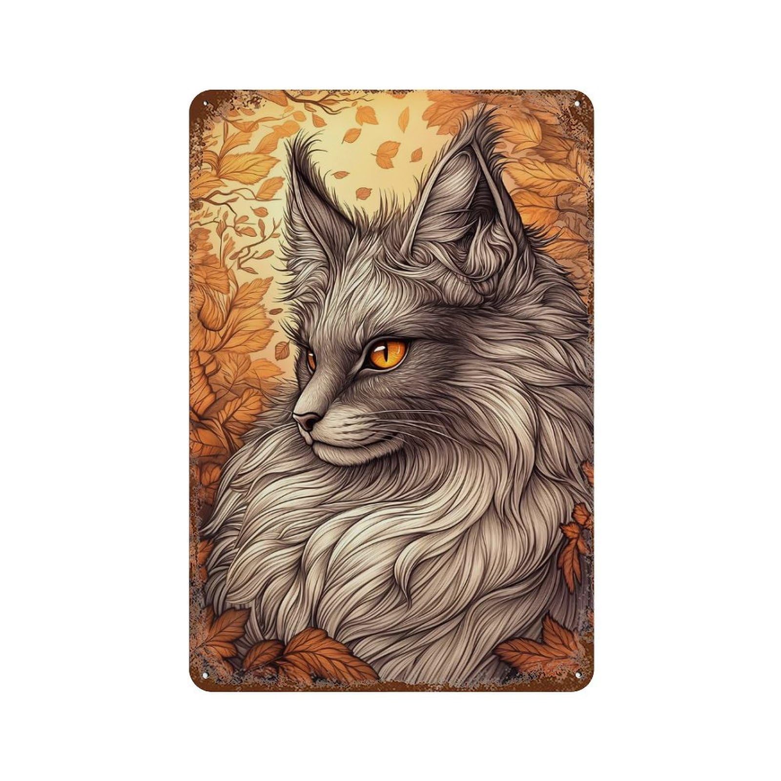 Rustic Tin Plaque Maine Coon Cat Autumn Portrait 11.8"x7.9", Rustic Home Decor for Office, Studio And Wall Decor