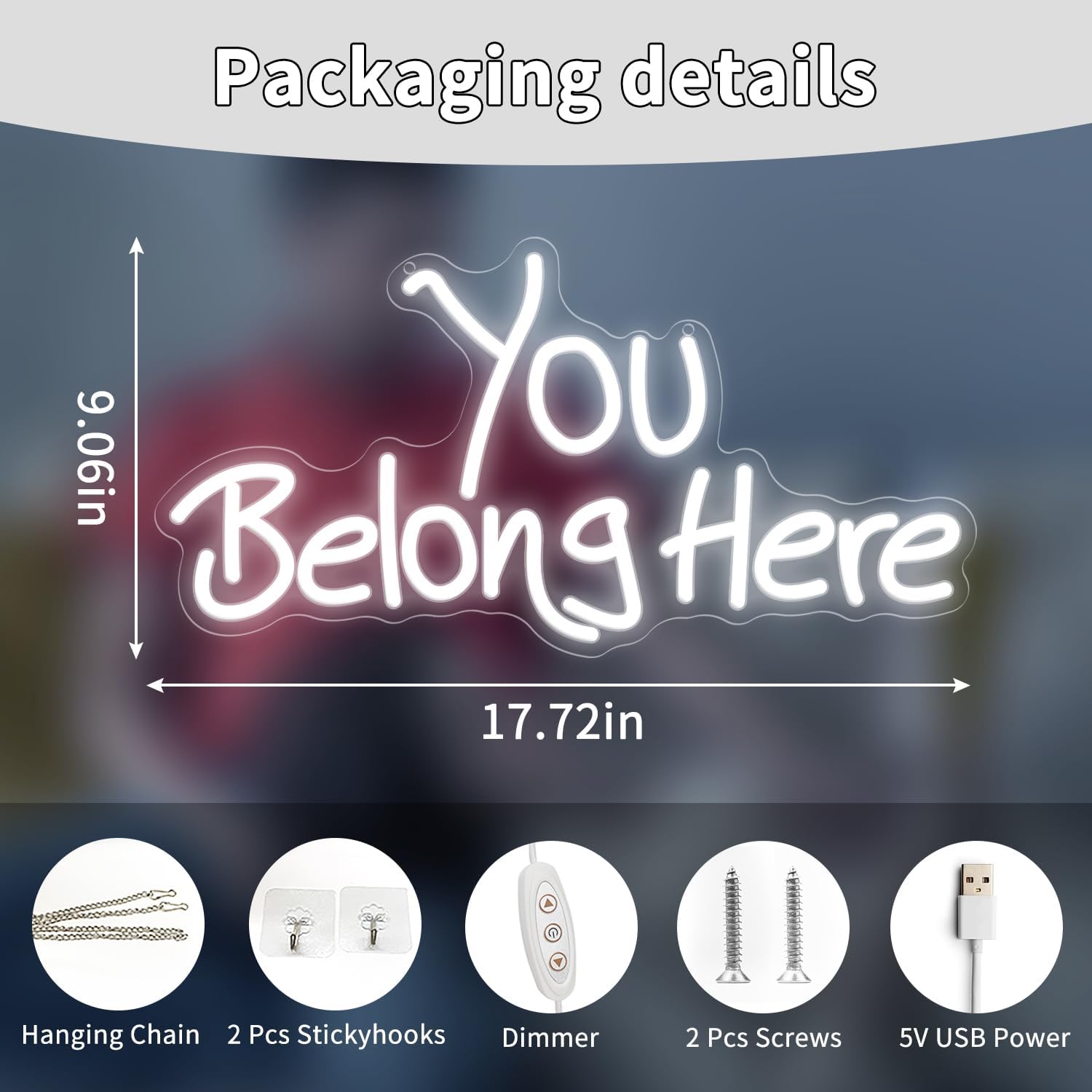 Neon Sign, You Belong Here Neon Light Sign LED Letter Neon Lights for Wall Decor, USB Powered Neon Bar Sign for Party Club Restaurant, Bedroom Wall Decor 17.72 x 9.06"