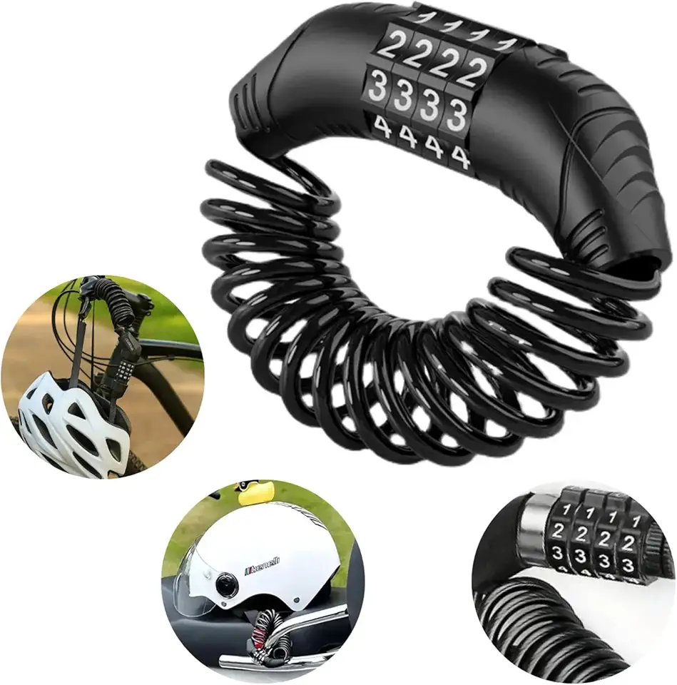 Cadeado de Capacete com Senha 4 Dígitos – Cabo Espiral Antifurto 1,5 M – Trava Leve e Portátil para Moto, Bike e Patinete – Segurança e Praticidade no Dia a Dia