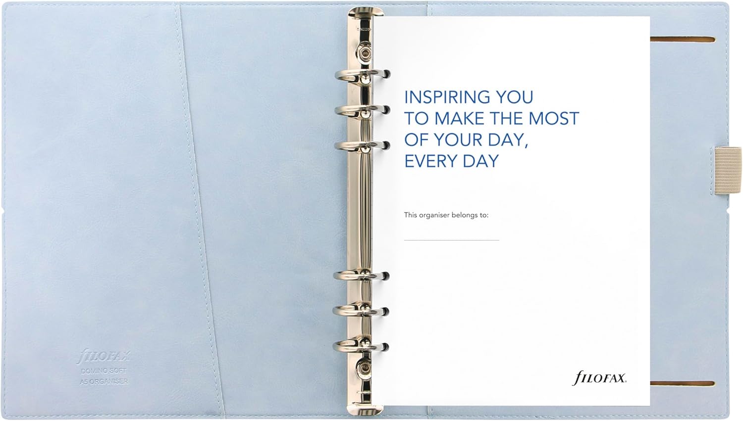 Filofax Domino Soft Organizer, A5 Size, Pale Blue - Smooth, Leather-Look, Grain Effect, Tactile, Six Rings, Week-to-View Insert, Multilingual (C022603)