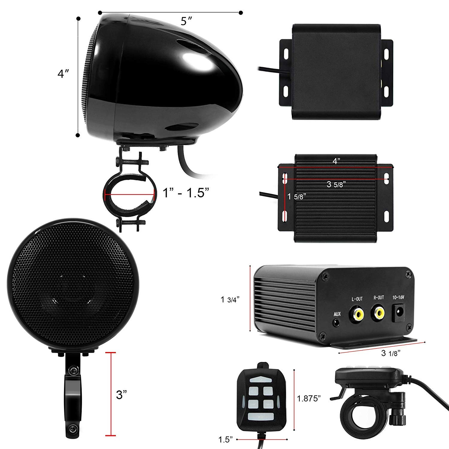 M150 Moto Amplificateur Audio Système avec AUX, MP3, FM Radio, 4 Pouces Gamme Complète Étanche Bluetooth Haut-parleurs Stéréo, Fit pour 1 à 1.5 dans. Guidon Motos ATV UTV RZR (Noir, Net)