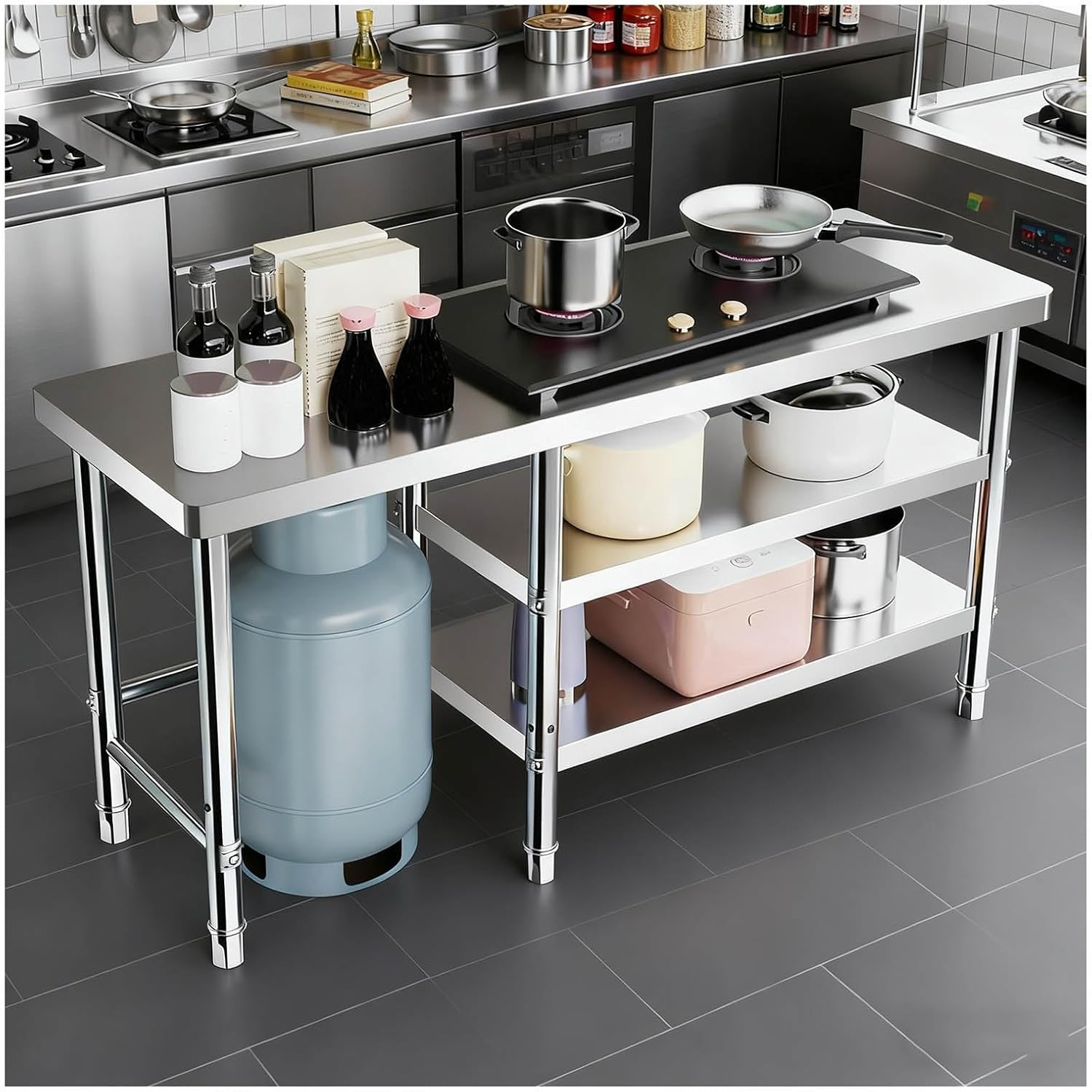 Three-Tier Modular Stainless Steel Workbench Kitchen Prep Station with Shelving Metal Cutting Board Table Tiered Storage Adjustable Legs Rounded Corner Design(100x40x80cm/39.4x15.7x31.5”)