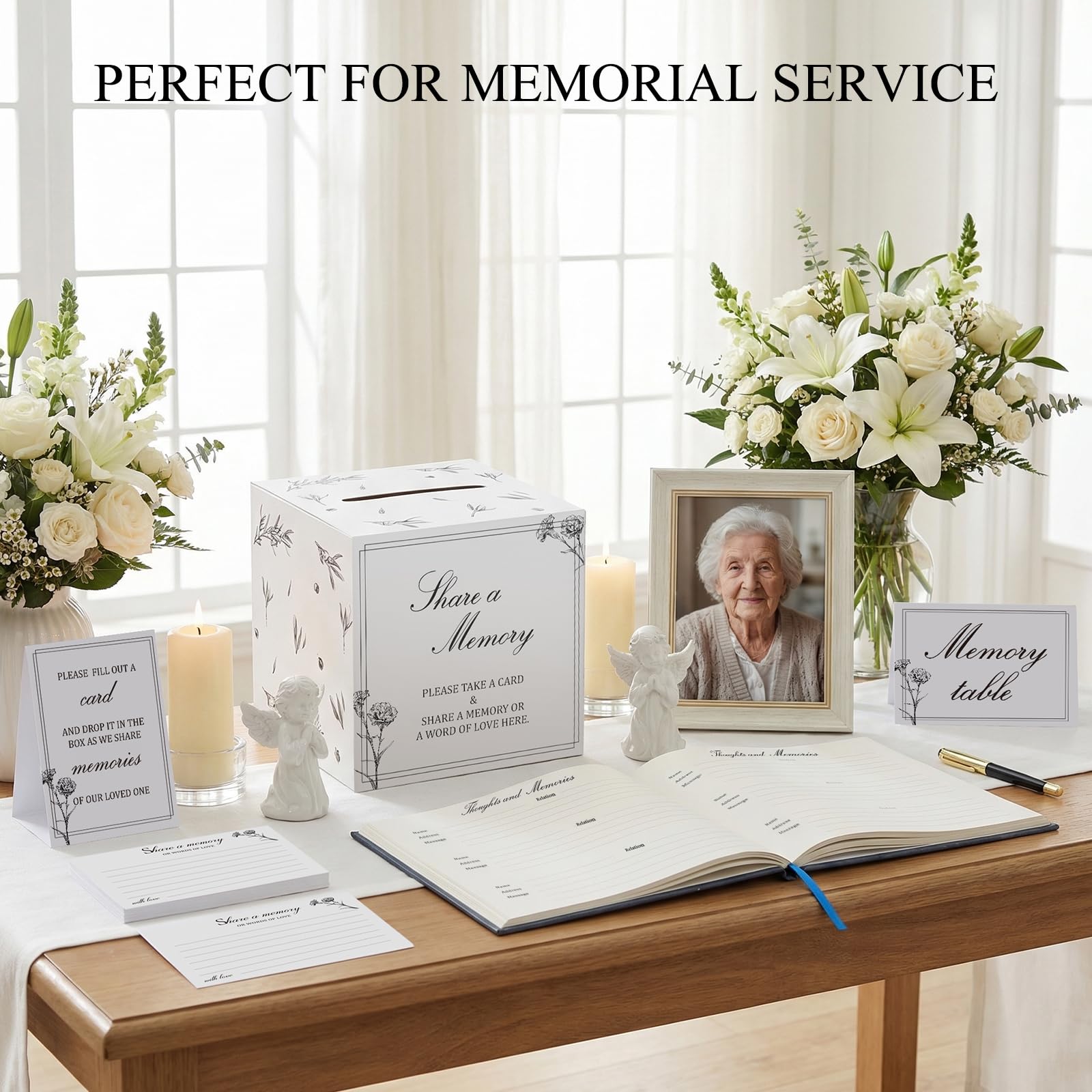 Juego de libro de invitados funerario con caja de recuerdos de madera, incluye 50 tarjetas de memoria en blanco, tarjeta de mesa de memoria, tarjeta de instrucciones, caja de tarjetas y libro de
