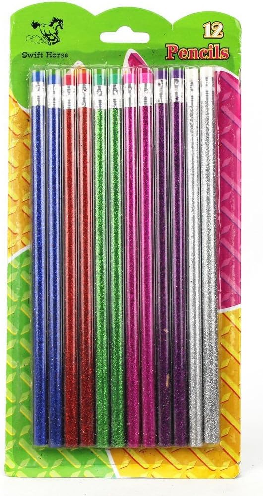 HKM 12 Glitter Pack Foil WRITING & DRAWING PENCILS with ERASER Tip -Home, School etc