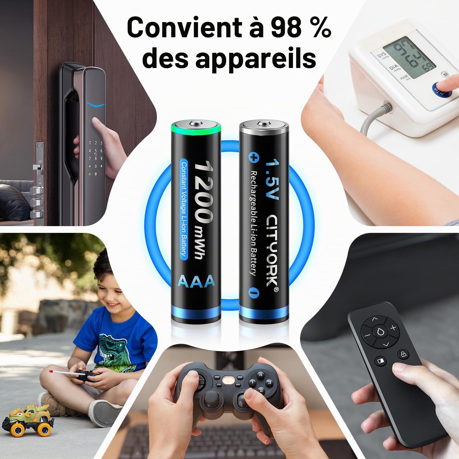 CITYORK Lot de 12 piles AAA rechargeables 1,5 V 1200 mWh au lithium AAA 1200 cycles CTY-AAA1200 x 12-1.5V