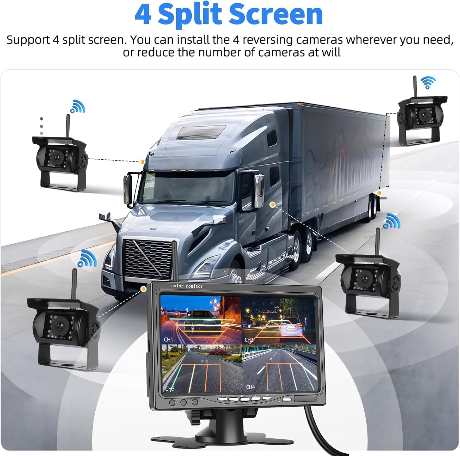 Telecamera di retromarcia senza fili 1080p per campeggio car schermo 7 pollici 4 canali visione notturna impermeabile IP69 per camion, camper, furgone, SUV, pick-up, con BSD