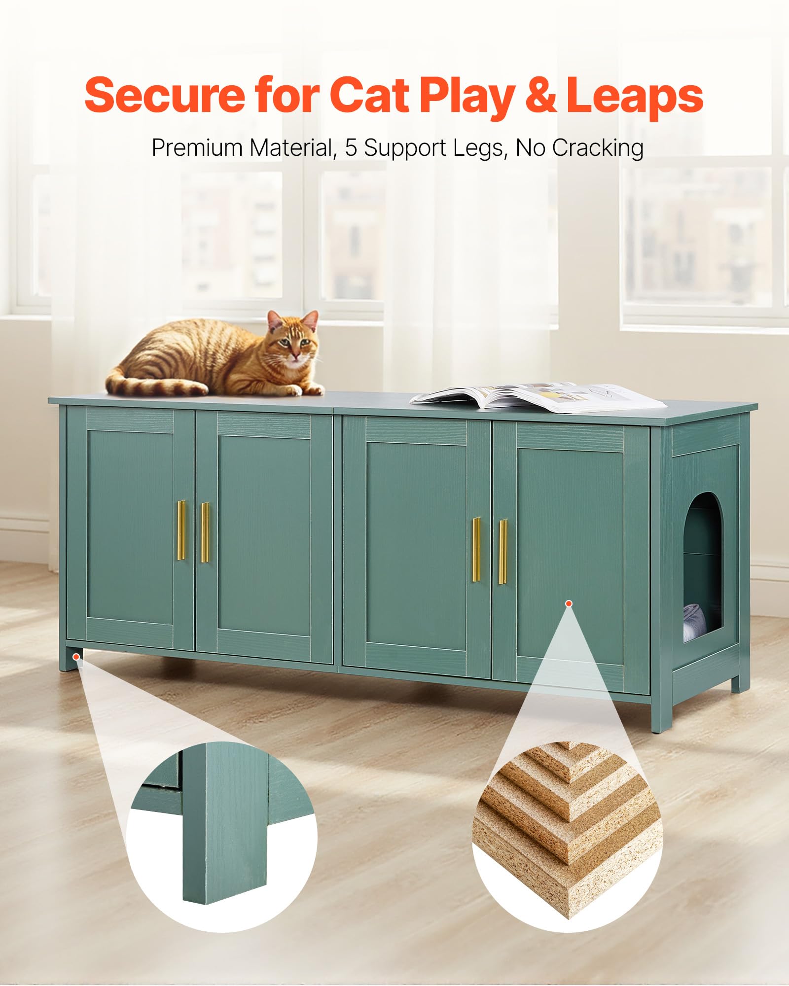 VEVOR Arenero para Gatos, 1200 x 450 x 500 mm, con 4 Puertas 2 Entradas, Mueble de Interior, Caseta de Madera, Compatible con la Mayoría de Areneros, Verde, Carga Superior 60 kg e Inferior 45 kg