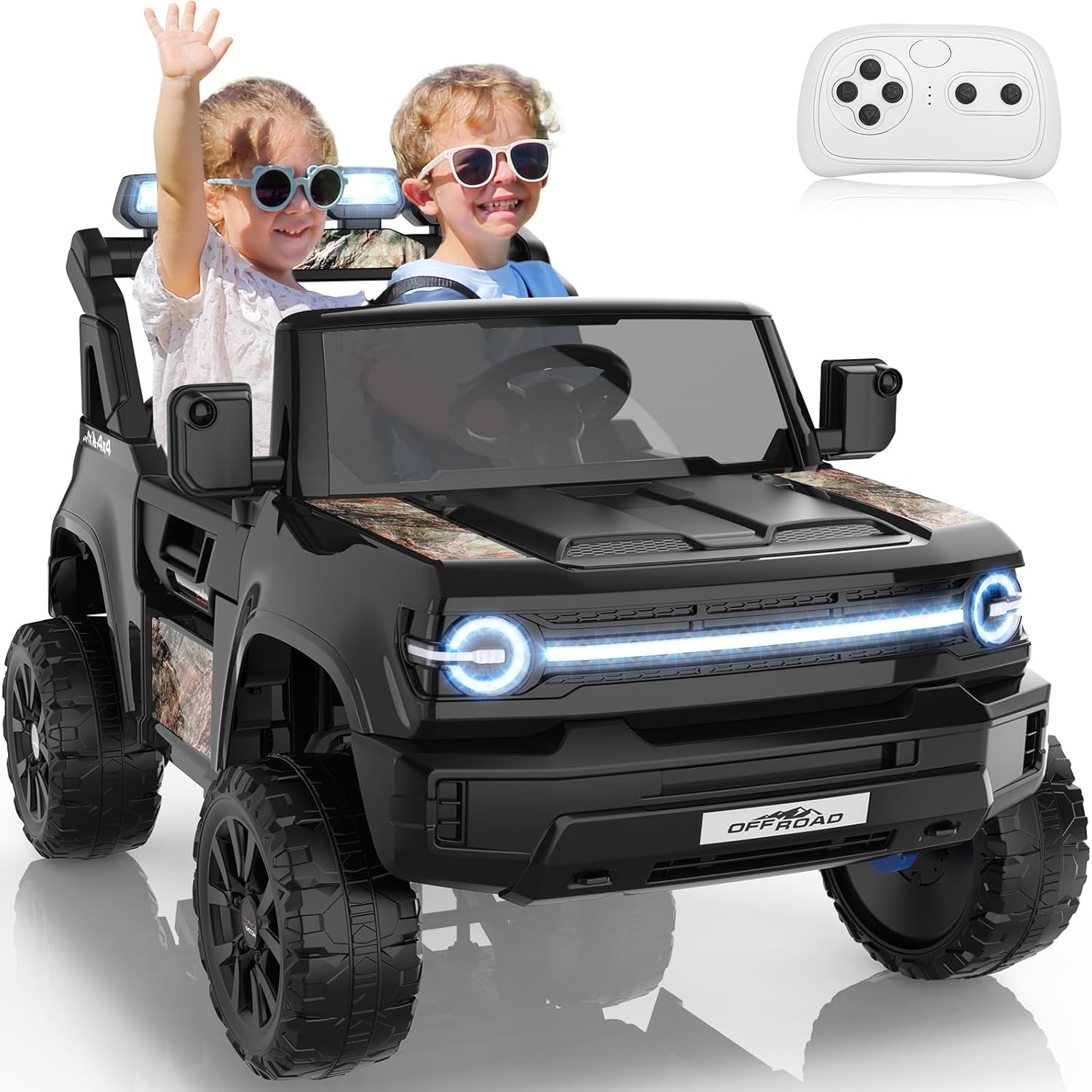 Hikole 24V 2 Seater Ride on Car Toys for Big Kids with Remote Control, XXL Electric Vehicle w/22'' Seat, 4WD, Rear Storage, LED Lights, Music, Power Trucks Wheels for Boys Girls, Black