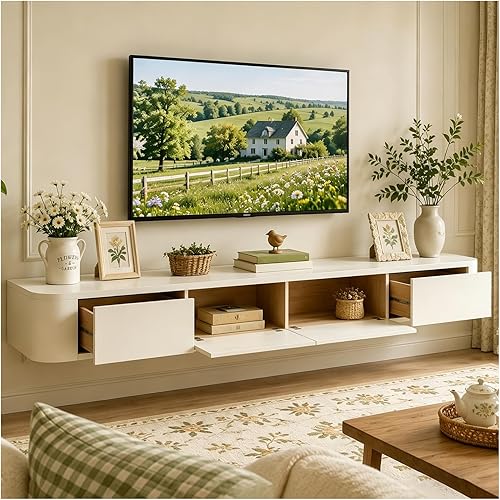 JUNFUNNLE Meuble TV moderne 260 cm blanc avec 2 tiroirs et 2 portes battantes, m