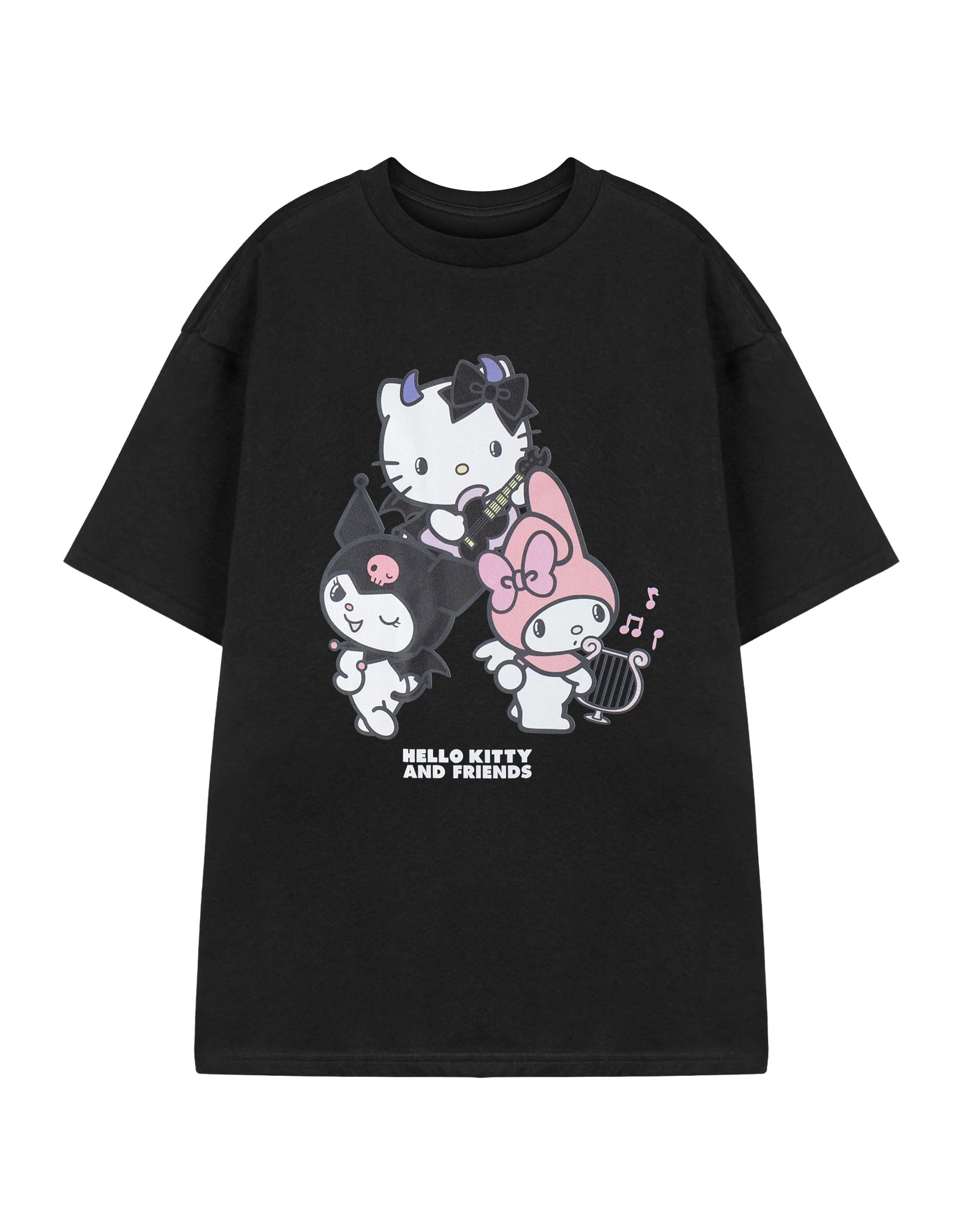 Hello Kitty & Friends damska czarna koszulka z krótkim rękawem | Rock Life Graphic Tee | Odzież postaci Sanrio | Top w stylu retro dla kobiet i dziewcząt