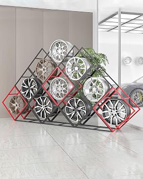 ZIMGOD 9pcs Tyre Rim Display Rack with 3 Bases, Stackable Car Wheel Rims Shelf Organizer, Heavy Duty Multi Tire Rim Stand for Garage Repair Shop Warehouse