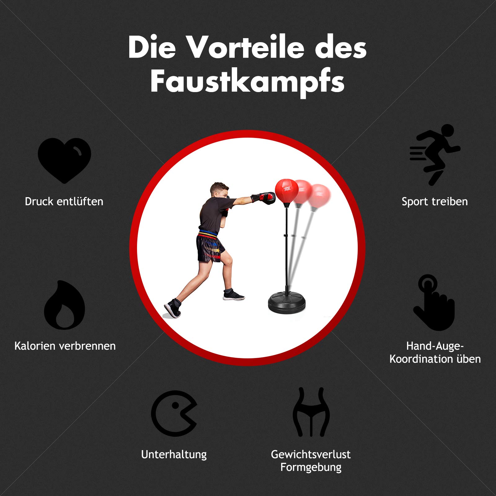 RELAX4LIFE Punchingball, aufblasbarer Boxball mit Boxhandschuhen & Luftpumpe, höhenverstellbarer Standboxball: 120-154 cm, Boxsack Set für Kinder & Jugendliche & Erwachsene, Box Set freistehend, rot