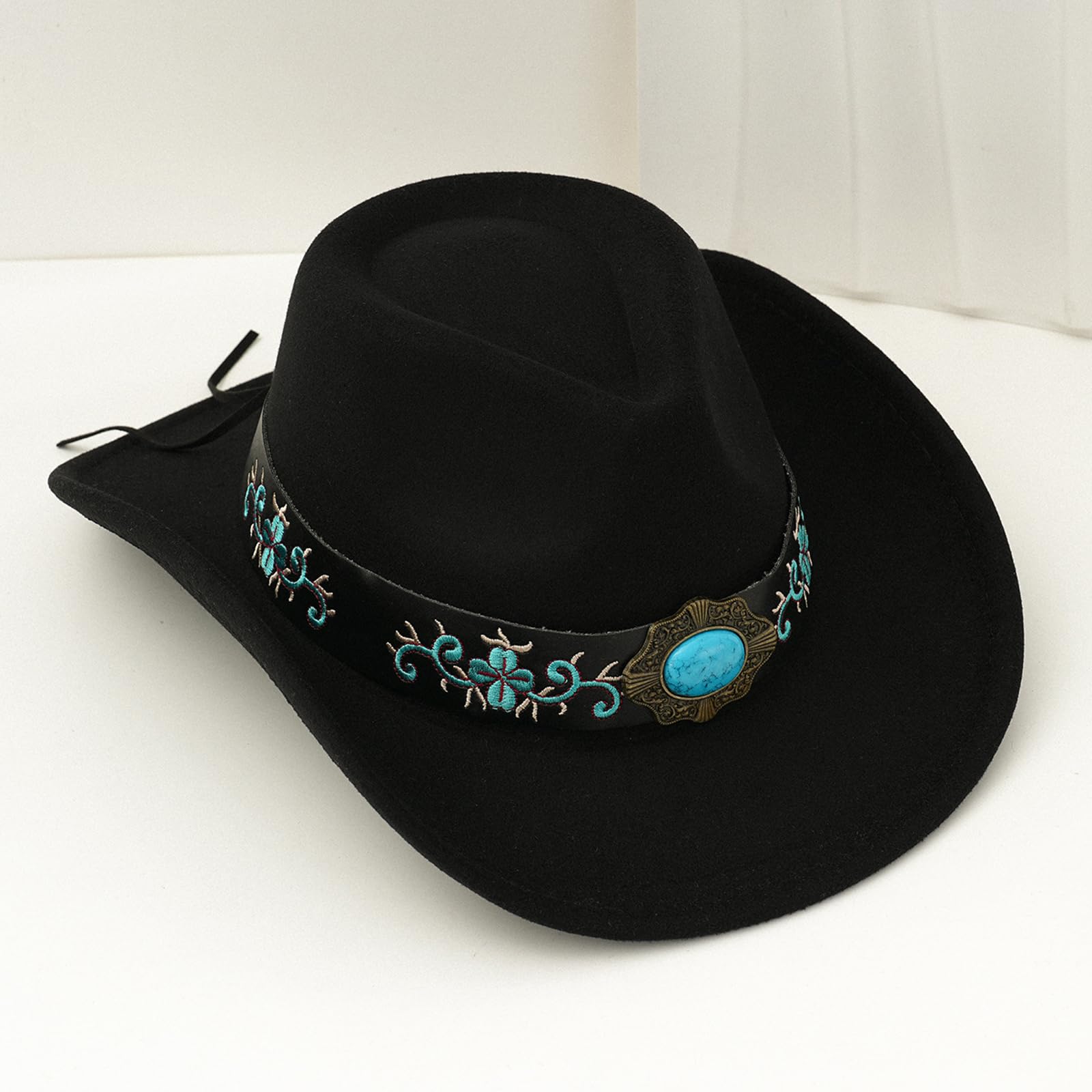 Cappello da Cowboy Retrò In Feltro Da Uomo E Da Donna, Stile Western da Cowboy e Da Cowgirl con Tesa Larga e Arrotolata con Cintura Ricamata