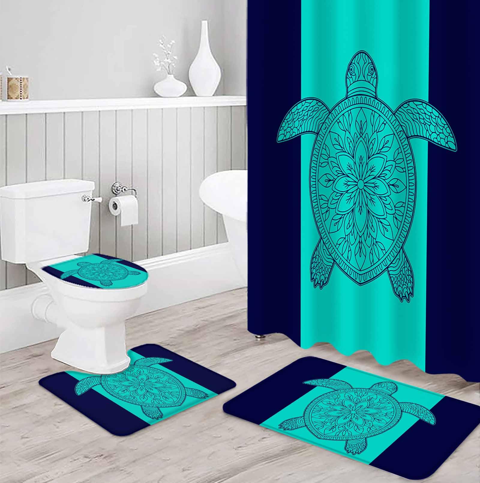Turtle Mandalas Bathroom Set with Shower Curtain and Rug Accessories - 36x72 Inches Long Boho Modern Abstract Blue Stripe Summer Stall Curtain Waterproof with Large Bath Mat,Washable Runner Rug Set