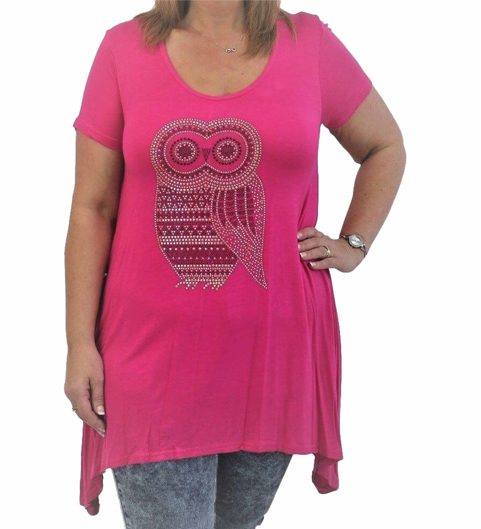 GOSTYLES® Womens Owl Diamante Studded Hanky Hem Top, Ladies Short Sleeve Sparkly Blouse T-Shirt, Uneven Hem Oversized Casual Evening Tunic Top (Cerise, 30-32)