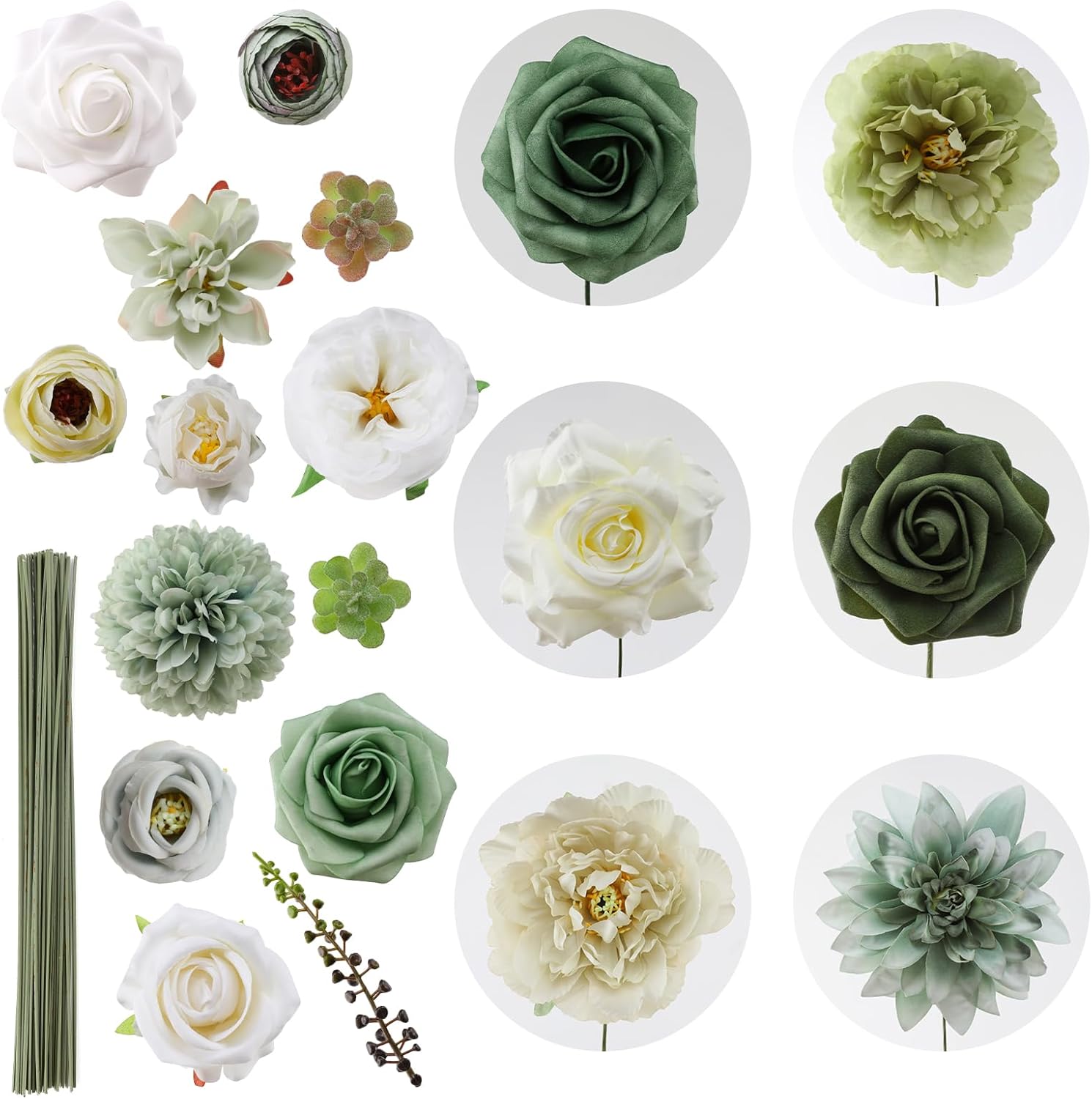 Floweroyal Artificial Flowers Combo Green Flowers Mix Silk Flowers Dahlia Roses with Stems for DIY Wedding Bridal Bouquets, Baby Shower, Floral Arrangement, Table Centerpieces, Home Decorations. - Image 9