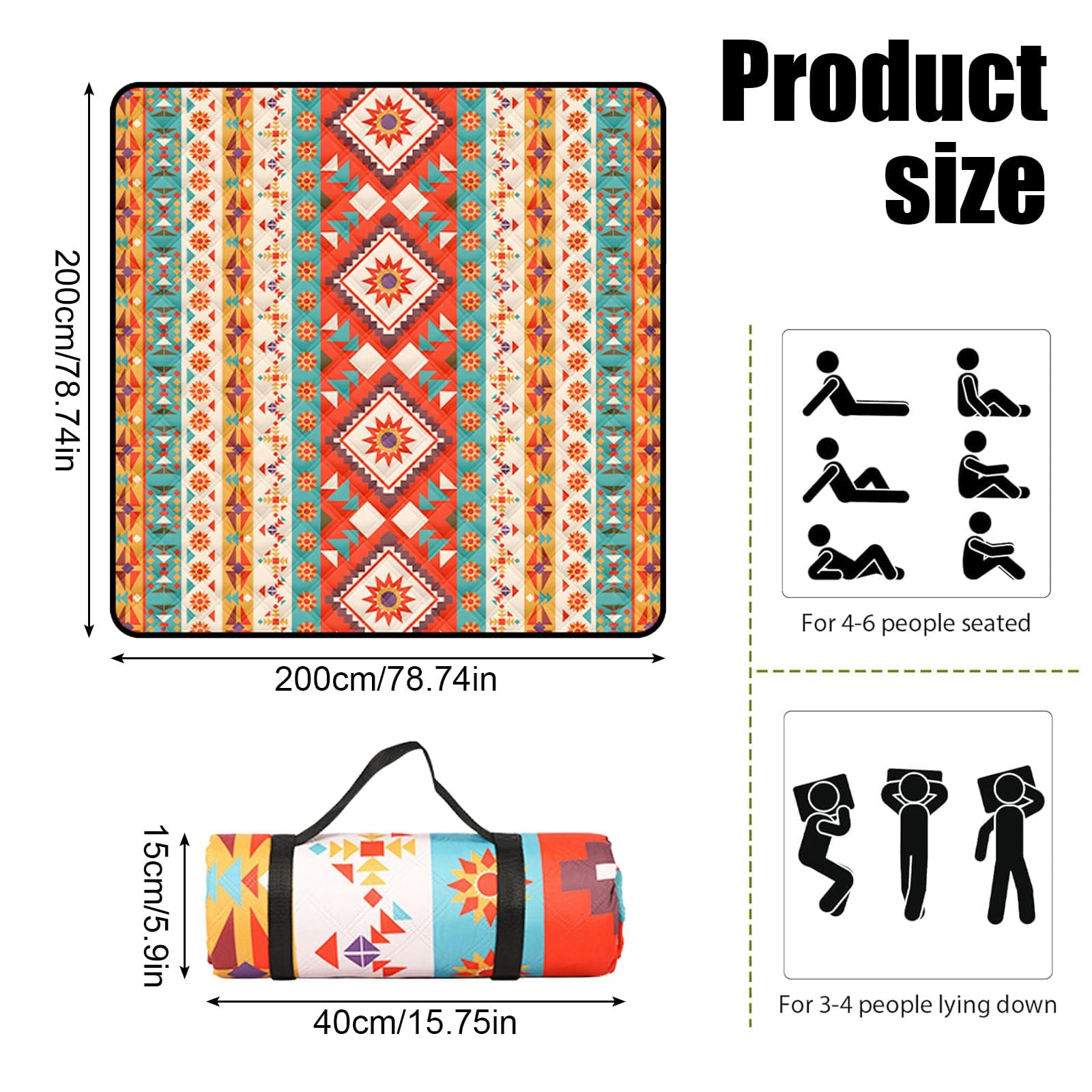 Couverture de Pique-nique Imperméable Grand Tapis de Pique-nique Sangle de Transport pour Camping, Parc, Jardin, Plage, Extérieur, Lavable en Machine, Pliable et Portable, Résistant à l'Eau