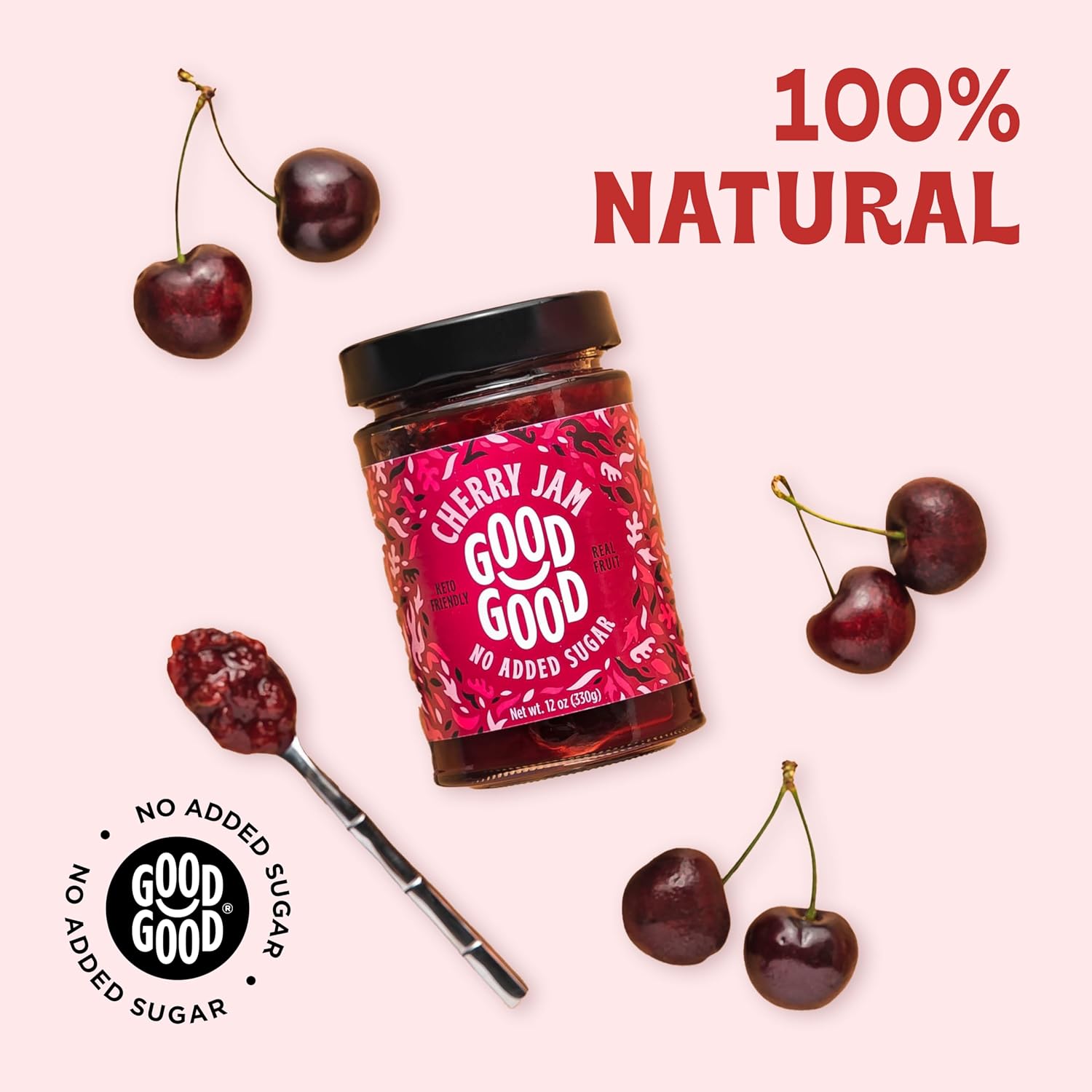 GOOD GOOD Cherry Jam - No Added Sugar - Low Calorie - Gluten Free and Vegan - Diabetic and Keto Friendly - 12oz / 330g (Pack of 2)