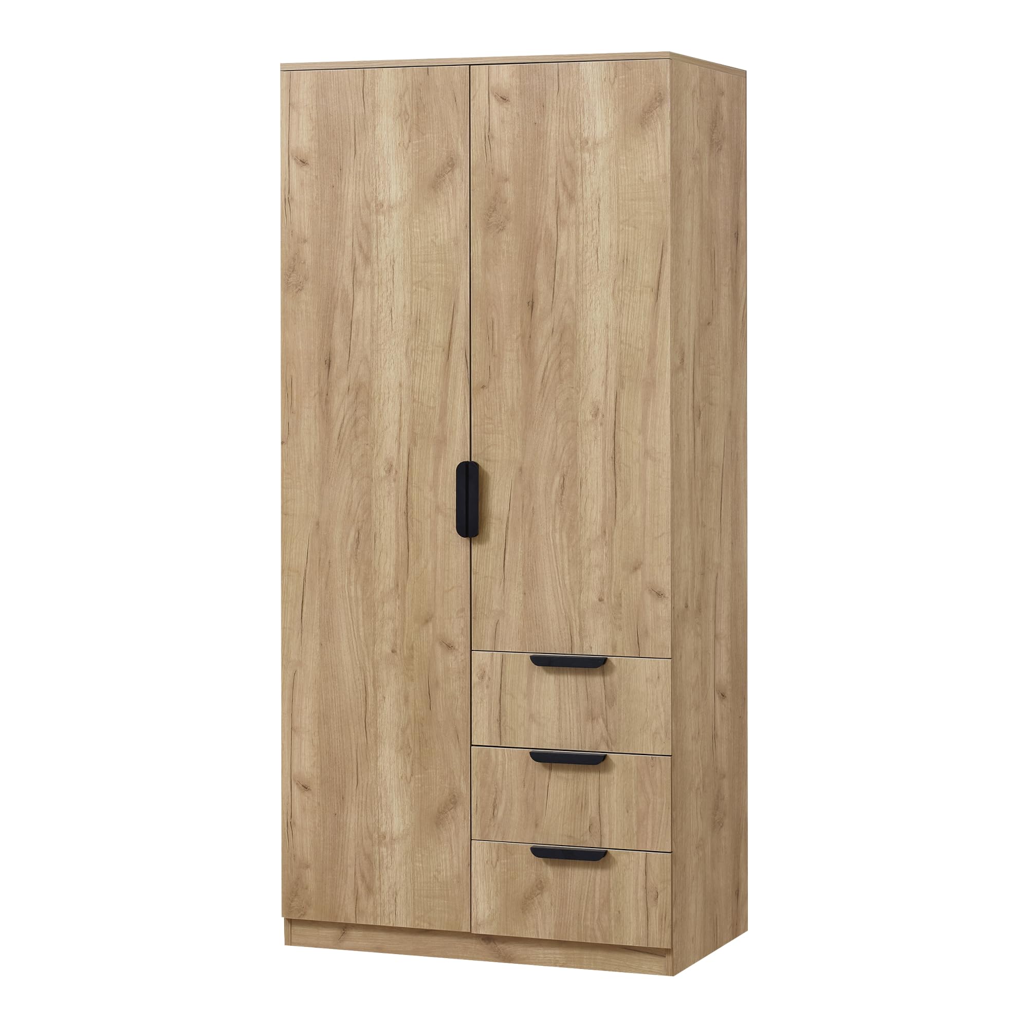 [en.casa] Armario Dormitorio Eiselfing Armario Ropero Clóset con 2 Puertas 1 Perchero 4 Compartimentos 3 Cajones para Dormitorio Vestidor MDF 176 x 80 x 52 cm - Efecto Roble